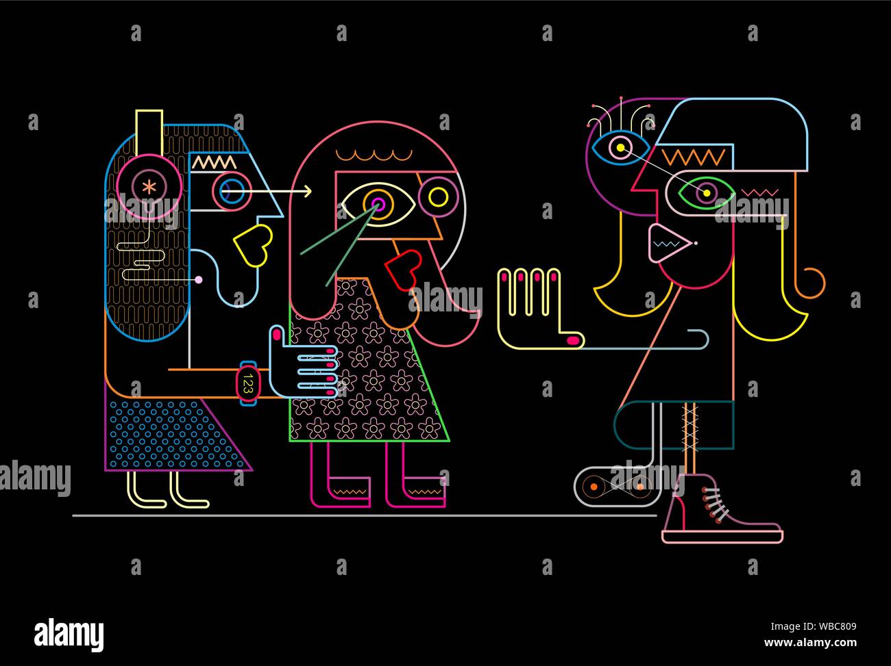 Colori al neon su uno sfondo nero donna gesticolando battuta di arresto per le sue due amiche. Moderna arte astratta illustrazione vettoriale. Un gruppo di tre persone. Illustrazione Vettoriale