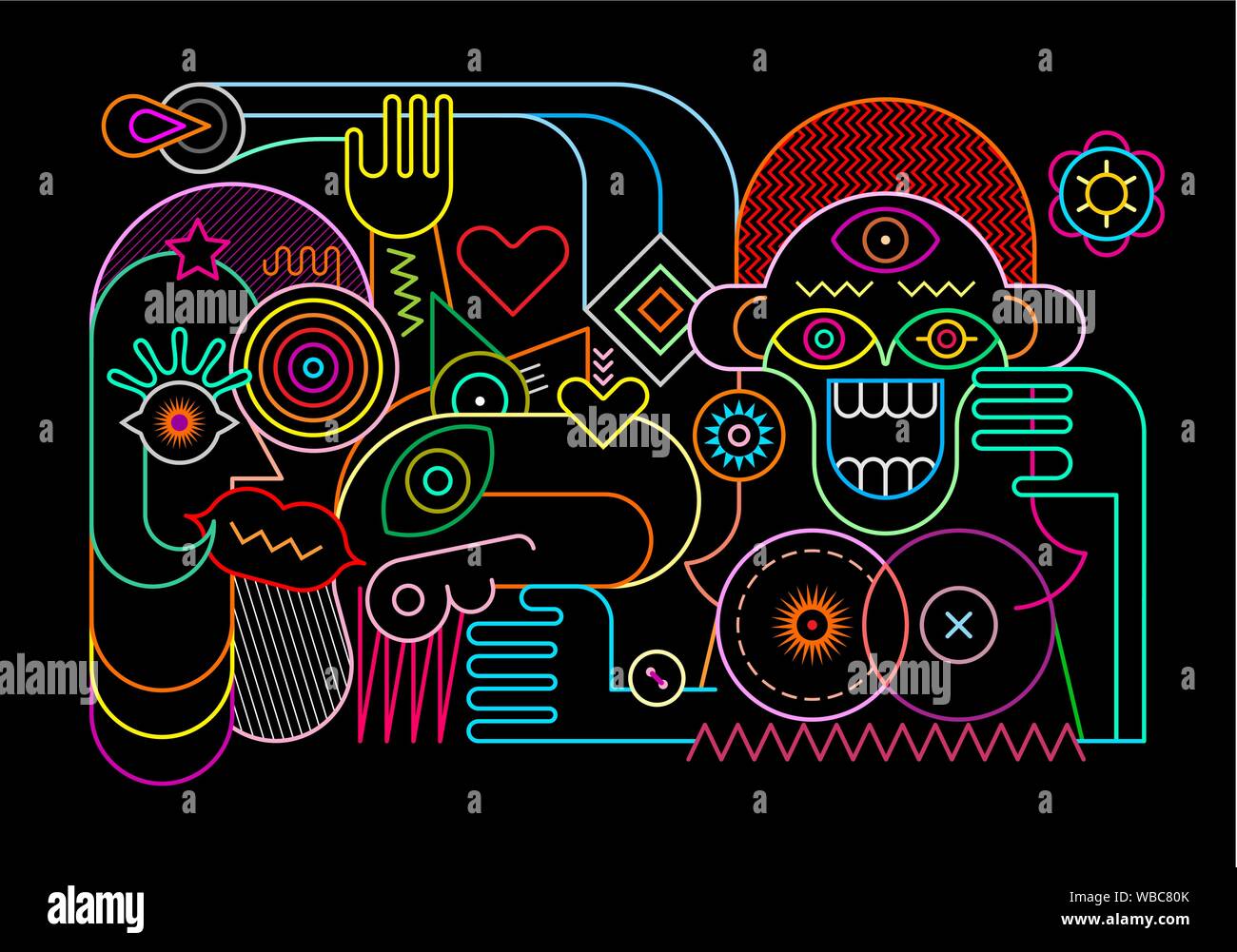 Colori al neon su uno sfondo nero sorpreso la donna e i suoi amici illustrazione vettoriale. Abstract arte moderna. Illustrazione Vettoriale
