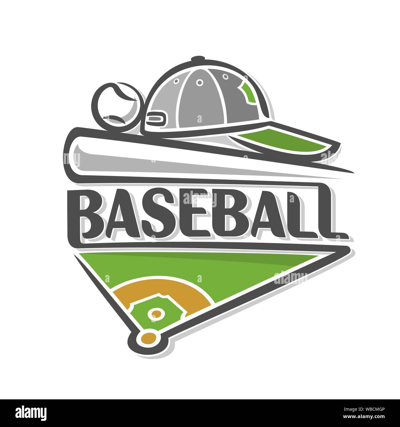 Illustrazione Vettoriale del logo di baseball sport, costituito da erboso campo da baseball con base, bat e la sfera con cappuccio. Illustrazione Vettoriale