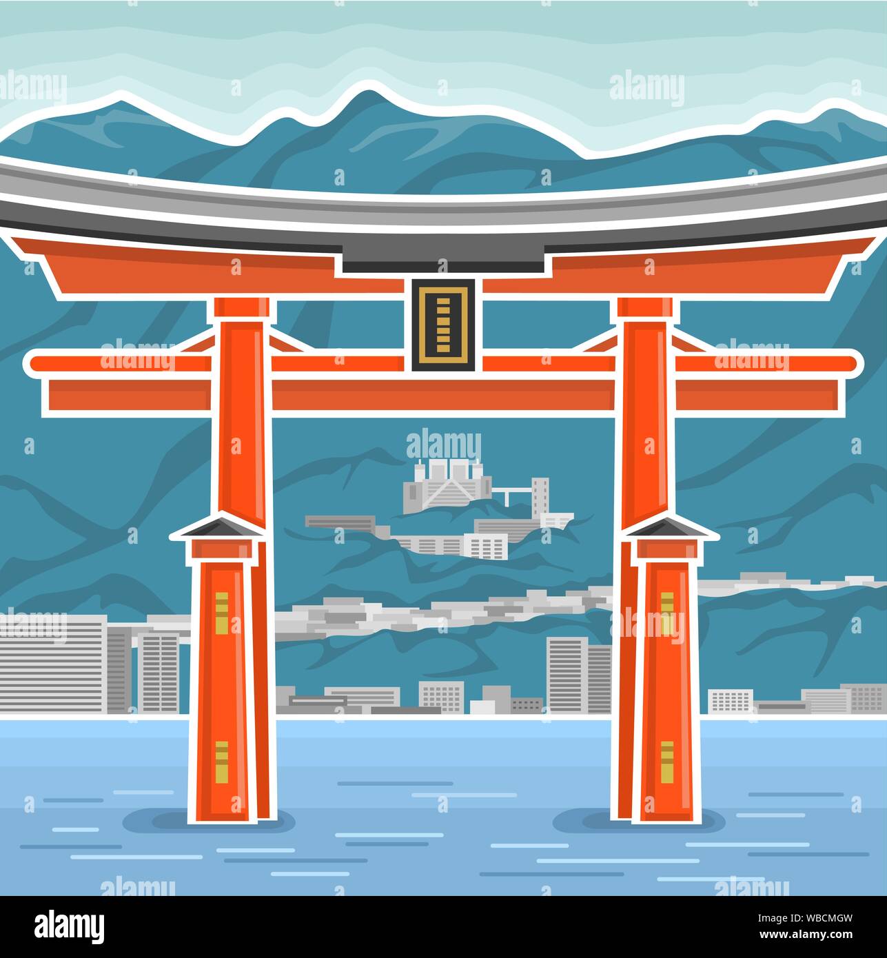 Poster del vettore con il simbolo del Giappone - Torii, composizione del giapponese distintivo nazionale santuario di Itsukushima sacri torii gate sullo sfondo del mare e il monte Illustrazione Vettoriale