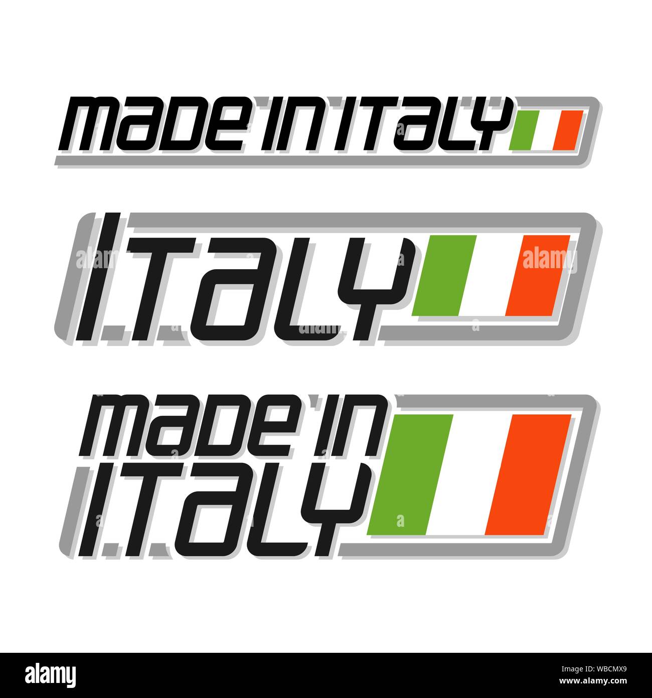 Illustrazione Vettoriale del logo per 'made in Italy', costituito da tre bandiere isolato illustrazioni con la nazionale italiana di flag di stato e testo Italia su w Illustrazione Vettoriale