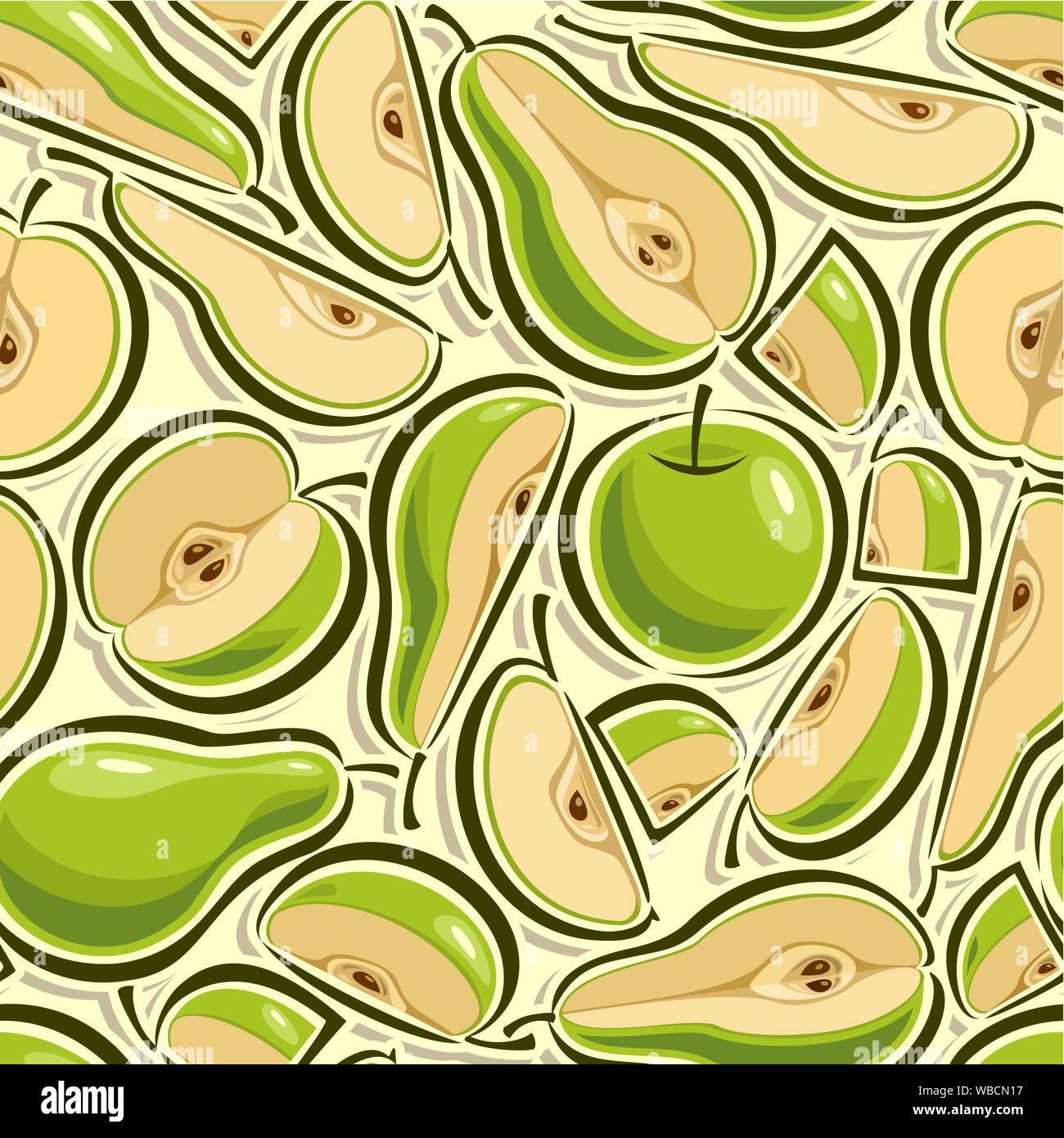 Vettore fruit seamless pattern, illustrazione sul tema verde fette di mele e di pere, costituito da succosa verdi maturi frutti. Illustrazione Vettoriale