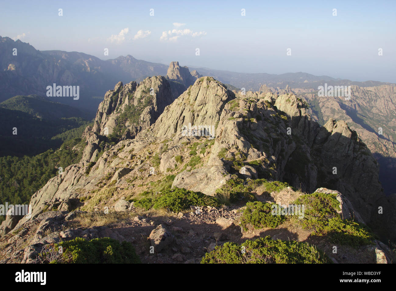 Aiguilles de Bavella da Punta Velaco, sera, Francia, Corsica Foto Stock