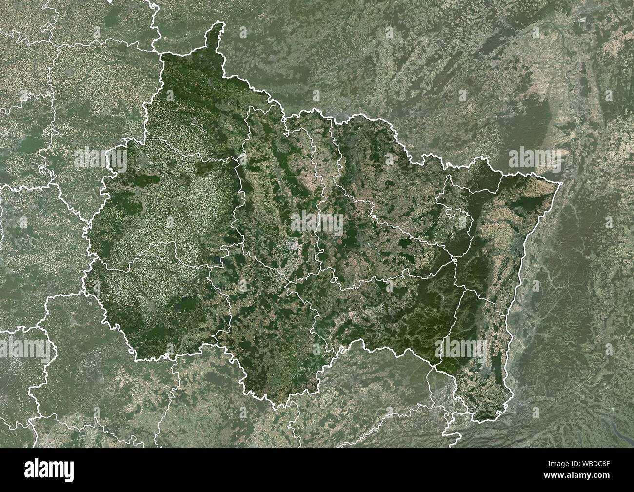 Colore immagine satellitare della regione Grand Est, Francia (con i confini amministrativi). Questa immagine è stata elaborata sulla base dei dati acquisiti nel 2018 da Sentinel-2 satelliti. Foto Stock