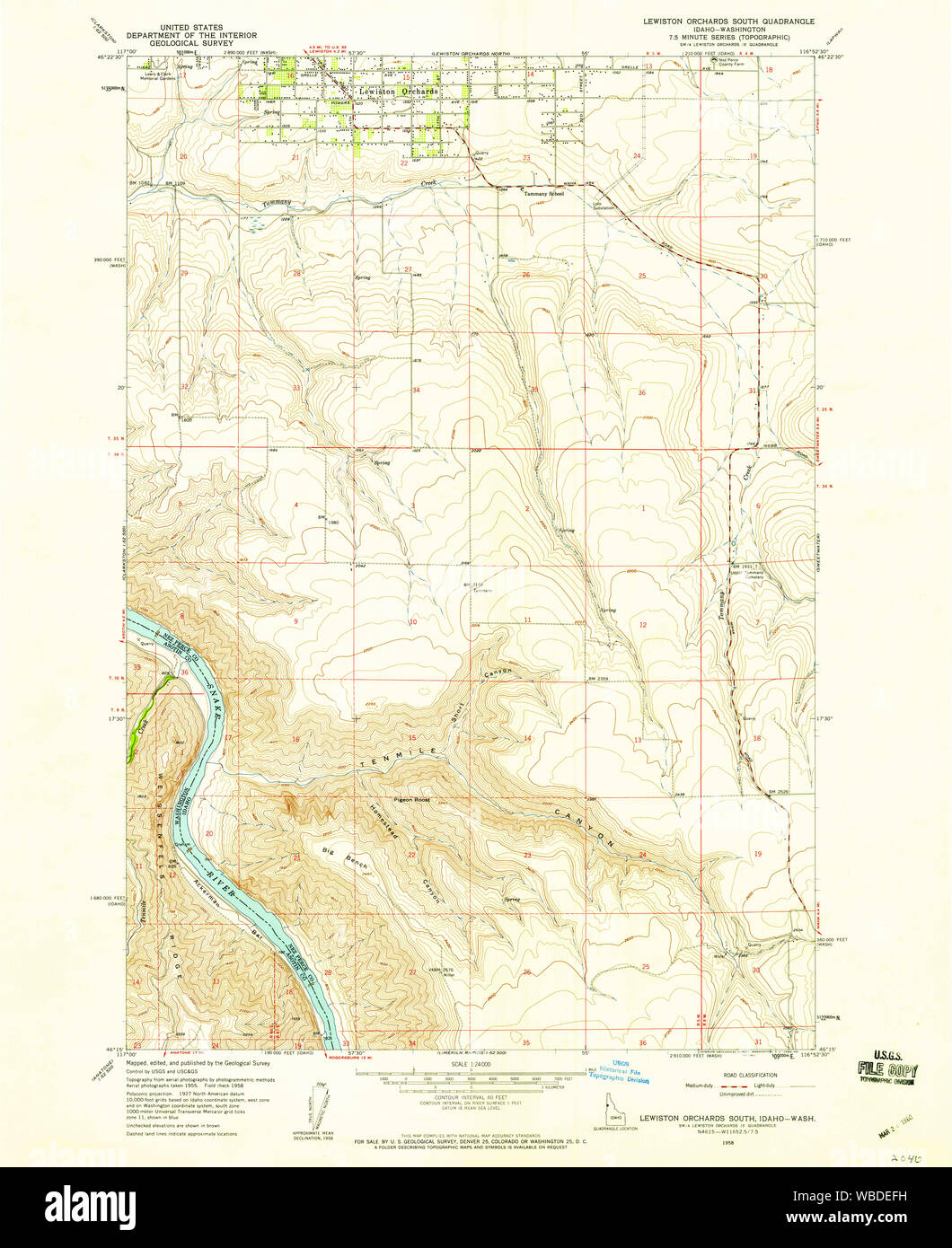 USGS TOPO Map Indiana ID Lewiston frutteti Sud 236871 1958 24000 Restauro Foto Stock