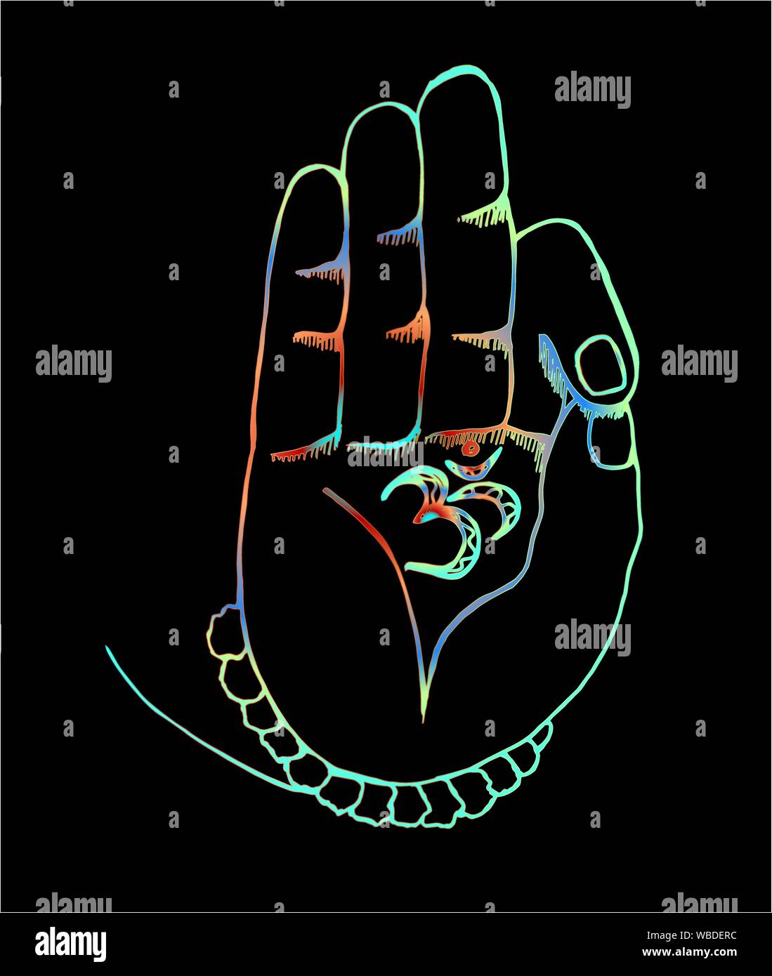 Il braccio di shiva con ohm. Illustrazione al neon di mani e rudraksh Illustrazione Vettoriale