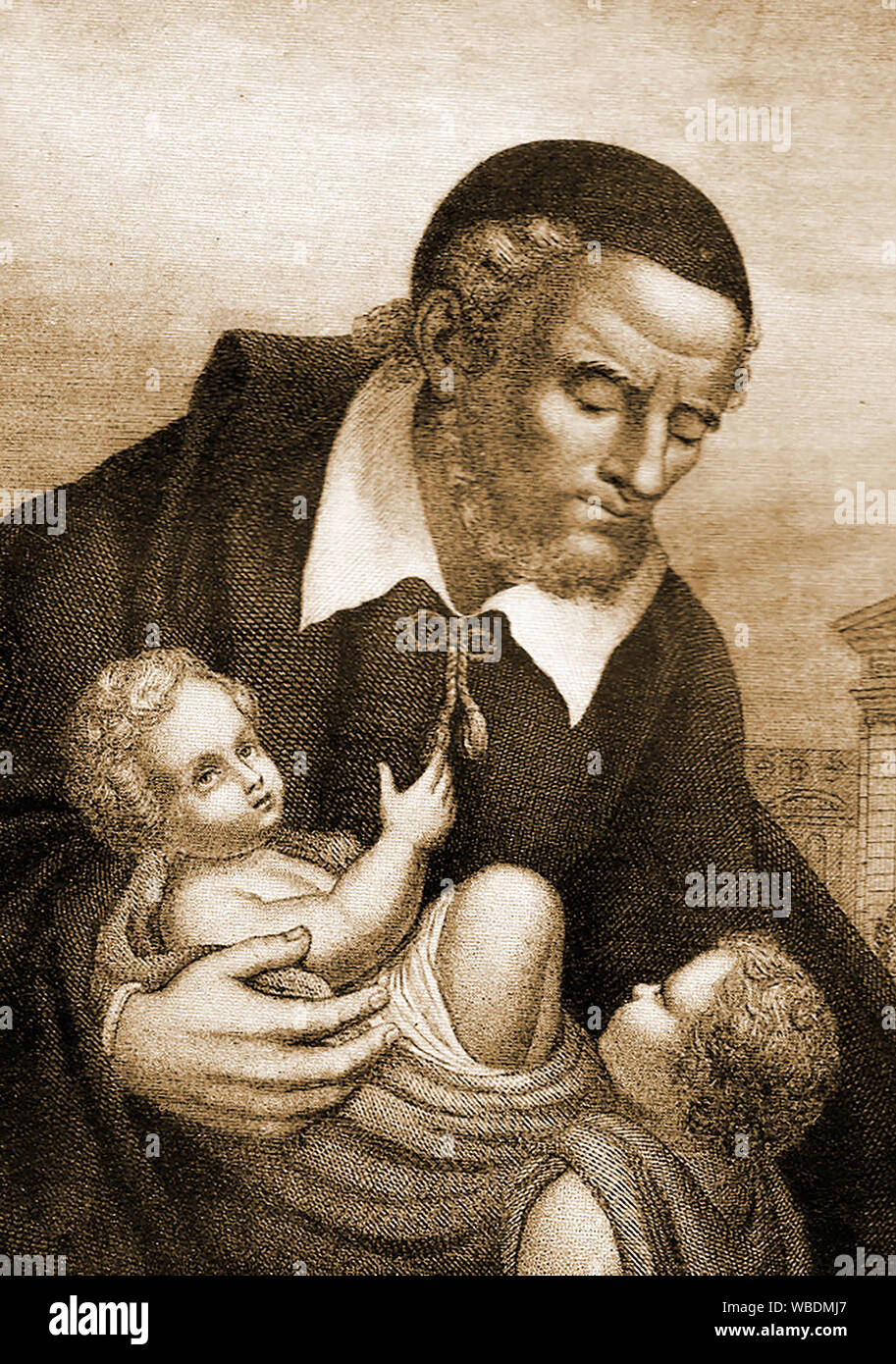 Un religioso vintage ritratto di San Vincenzo de' Paoli (1581-1660) con due bambini. Il francese ex sacerdote è patrono degli enti di beneficenza, poveri, cavalli,ospedali,lebbra,articoli smarriti,Madagascar,prigionieri,Richmond, Virginia,aiuto spirituale e di volontari e di altre cause caritatevoli Foto Stock