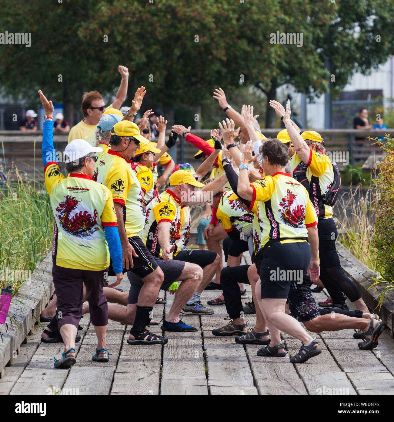 I membri di un misto di senior team riscaldamento fino al 2019 Steveston Dragon Boat Festival in British Columbia Canada Foto Stock