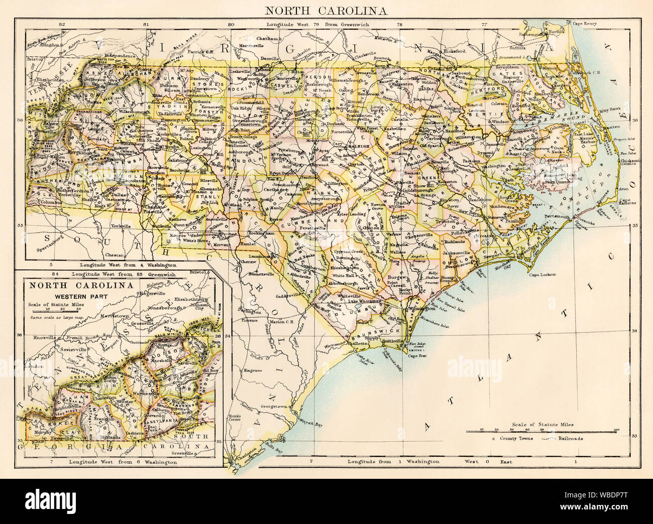 Mappa di North Carolina, 1870s. Litografia a colori Foto Stock