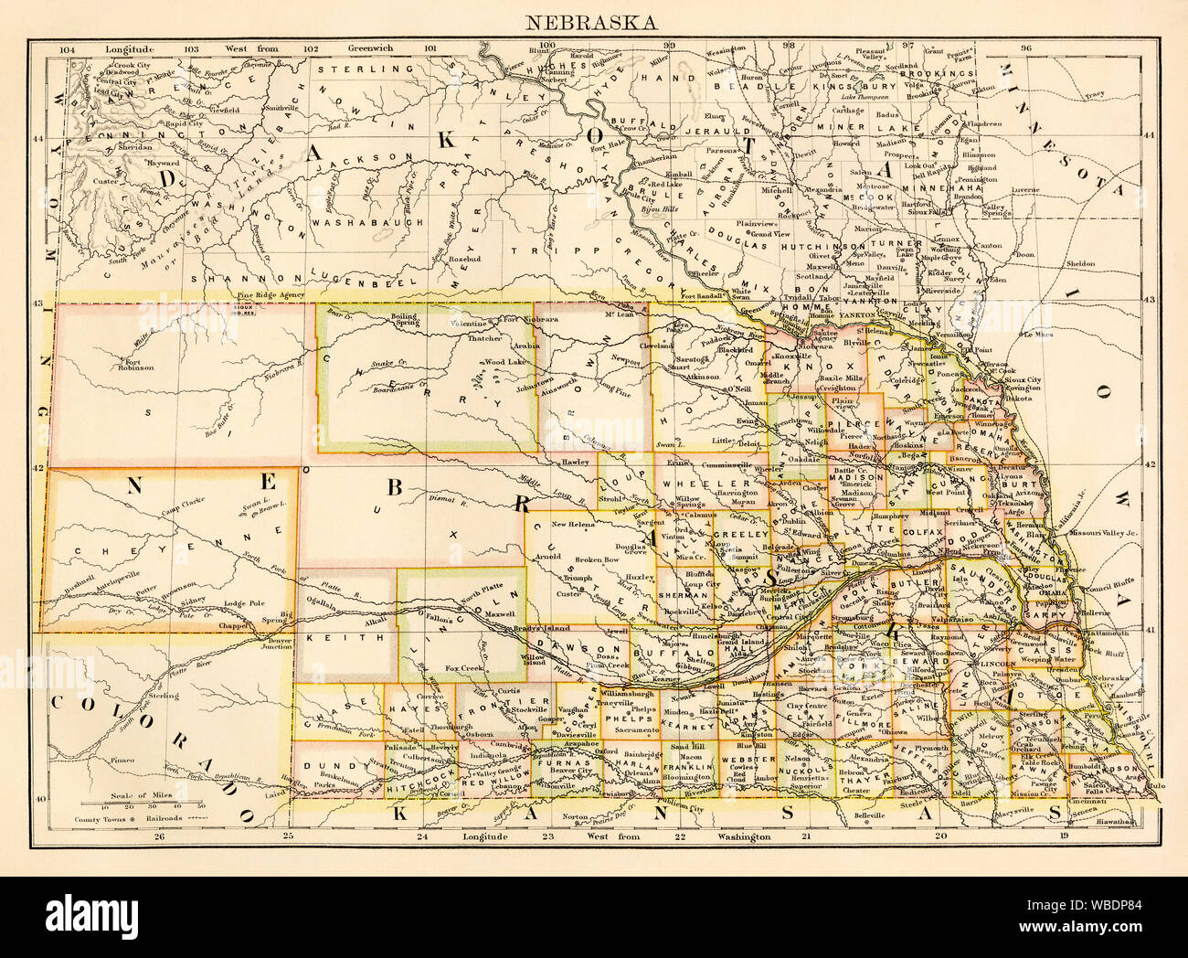 Mappa di Nebraska, 1870s. Litografia a colori Foto Stock