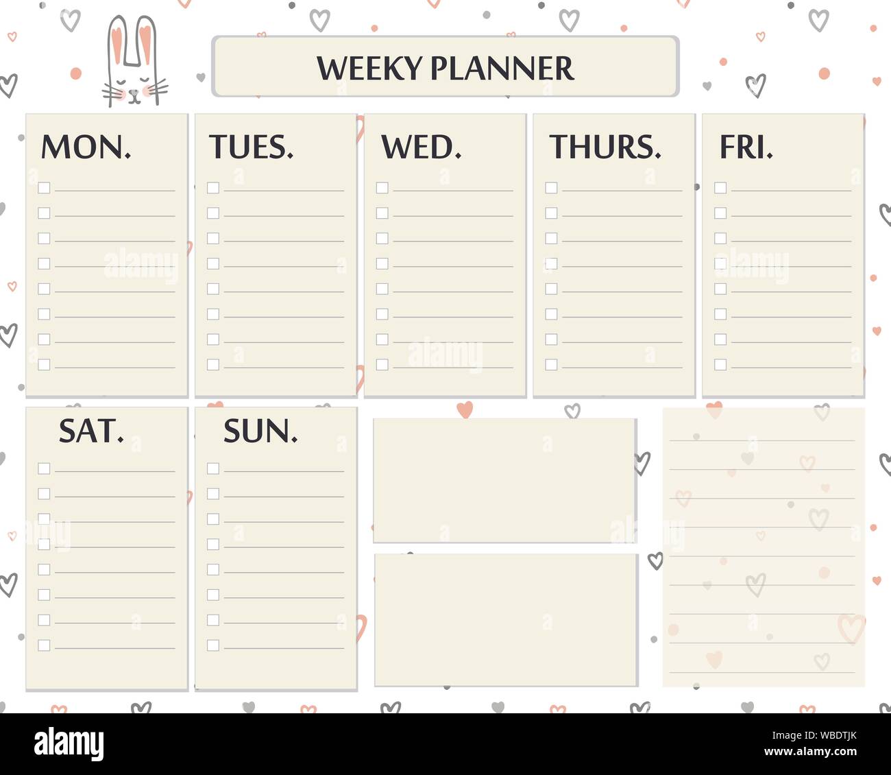 Planner settimanale il modello di pagina di design. Pagina carino per le attività quotidiane di piani e note. Carino romantico pagina del vettore con doodle cuori e coniglietti Illustrazione Vettoriale