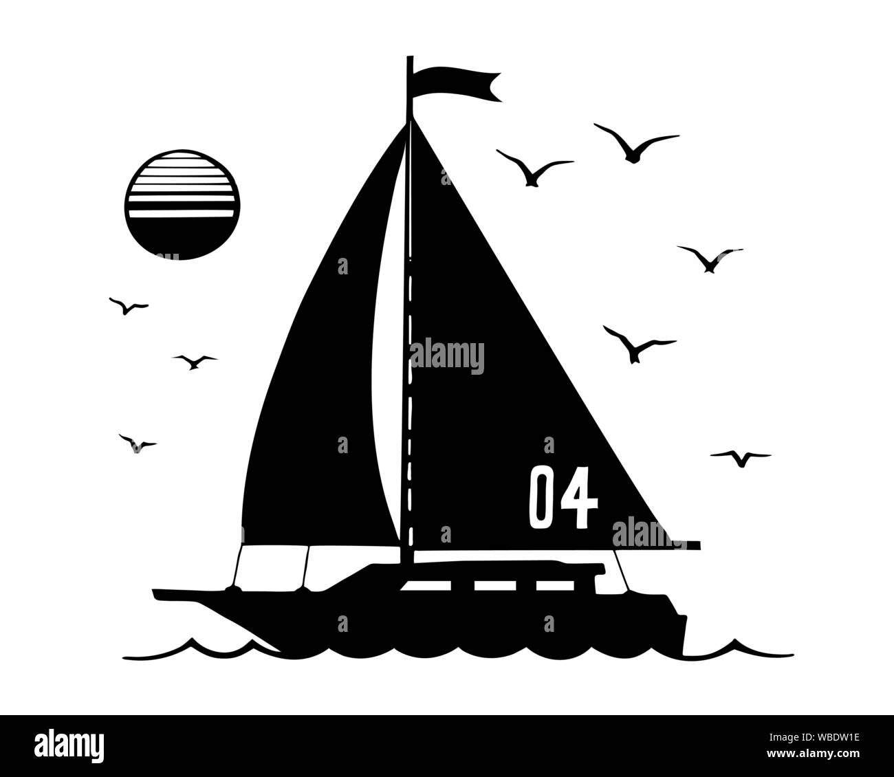 Sailing yacht silhouette disegno vettoriale. Una barca con una bandiera galleggiante sulle onde. Il sole e il mare i gabbiani su uno sfondo bianco. Illustrazione Vettoriale