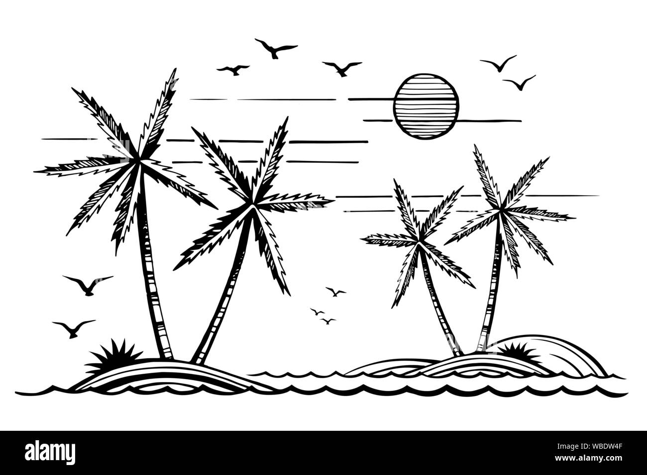 Palme sulla isola tropicale e gabbiani in le onde del mare. Illustrazione Vettoriale