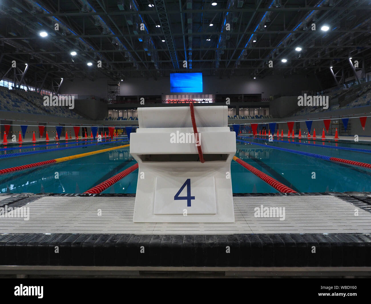 Vista della piscina a Pan-American Games Lima 2019 Luogo. I giochi di Pan-Am, sono un imminente multi-sport event disciplinate dal Pan American organizzazione sportiva (PASO), che si terrà a Lima in Perù da 26 Luglio al 11 agosto 2019 Foto Stock