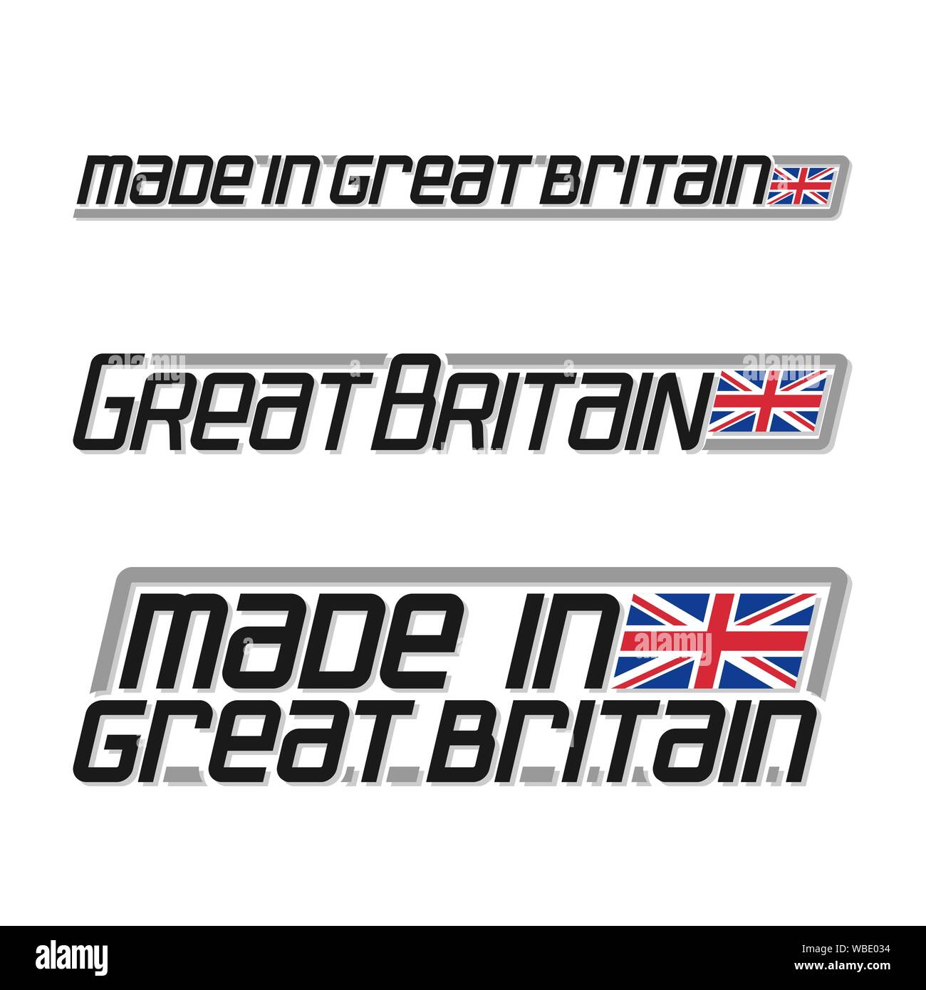 Illustrazione Vettoriale del logo per 'made in Gran Bretagna", costituito da tre isolati nazionale britannico di flag di stato Regno Unito e testo in Gran Bretagna su bianco b Illustrazione Vettoriale