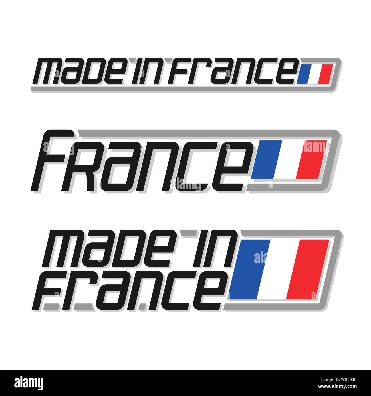 Illustrazione Vettoriale del logo per 'made in Francia ", costituito da tre isolati nazionale francese di flag di stato e la Francia di testo su sfondo bianco. Illustrazione Vettoriale