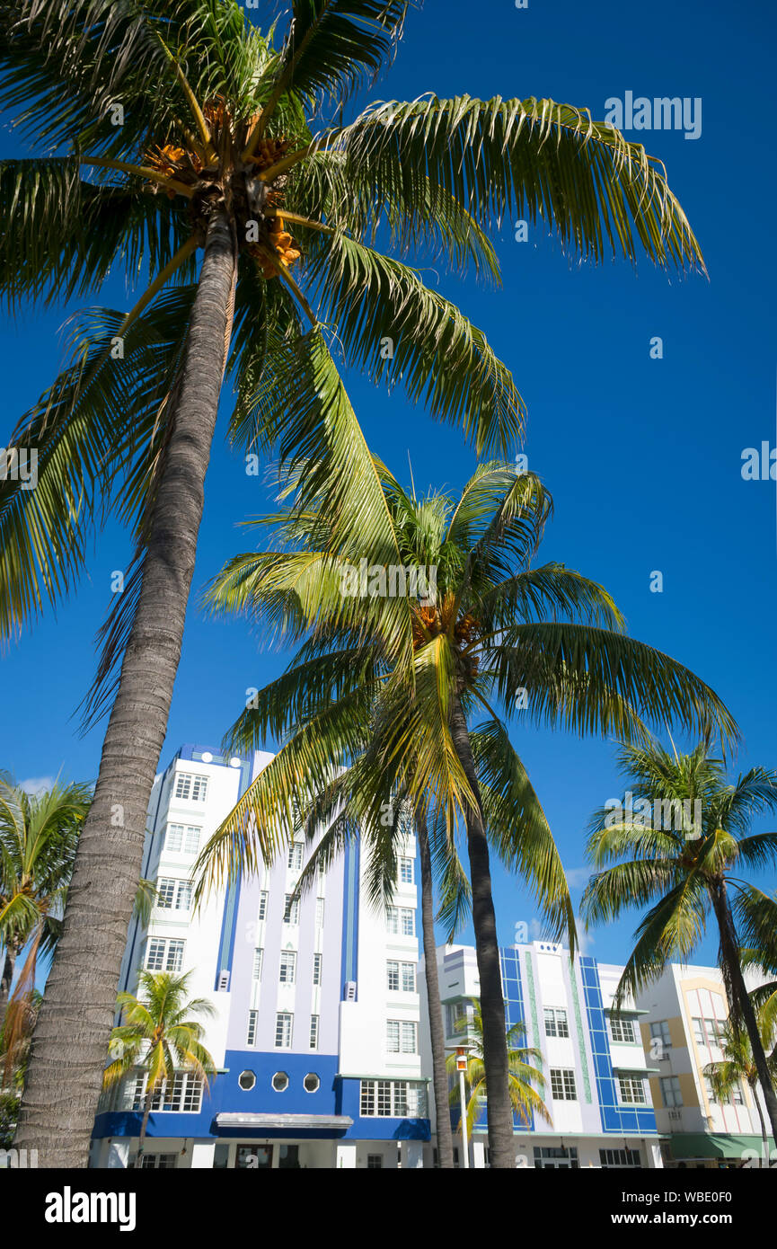 Luminosa e soleggiata e vista la mattina del tipico colorata architettura Art Deco con alberi di palma tropicali sulla Ocean Drive a South Beach, Miami, Florida Foto Stock