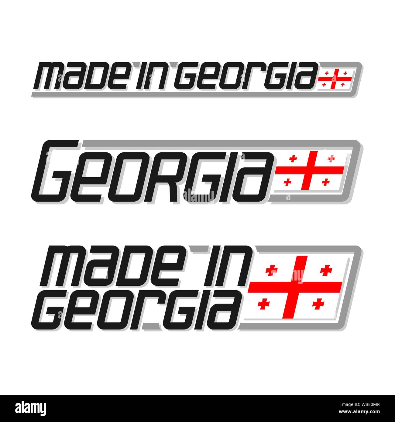 Illustrazione Vettoriale del logo per 'made in Georgia", costituito da tre bandiere isolato di disegni con il Georgian National flag di stato e testo Georgia Illustrazione Vettoriale