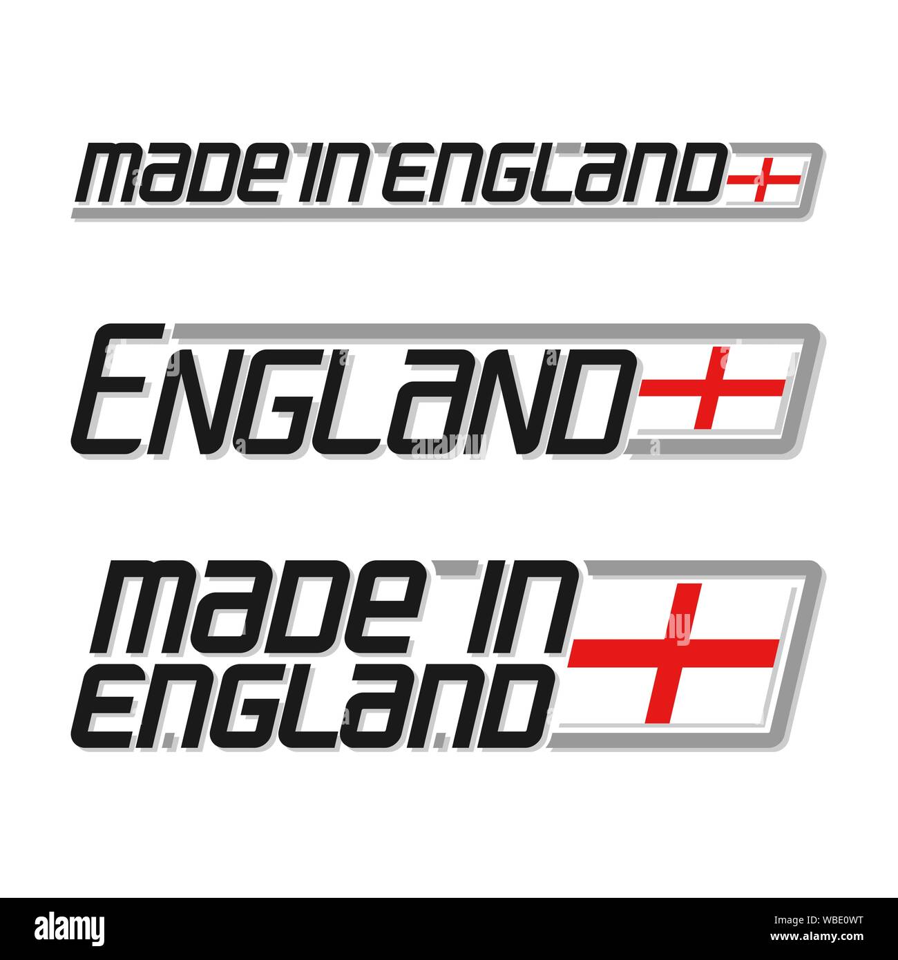 Illustrazione Vettoriale del logo per 'made in Inghilterra ", costituito da tre bandiere isolato di disegni con la bandiera inglese e testo Inghilterra su sfondo bianco. Illustrazione Vettoriale