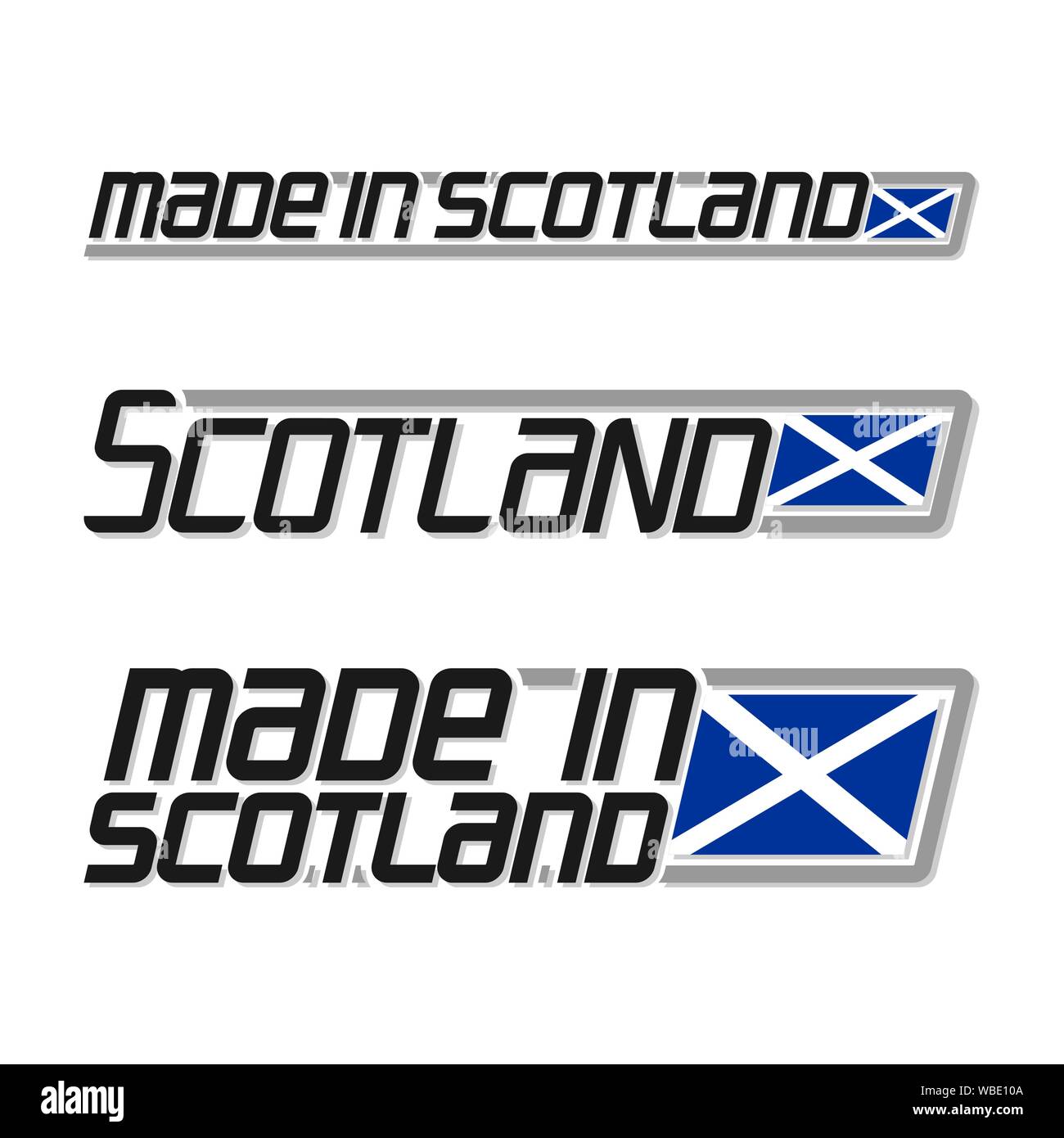 Illustrazione Vettoriale del logo per 'made in Scozia " costituito da tre bandiere isolato di disegni con bandiera scozzese e testo in Scozia il backgrou bianco Illustrazione Vettoriale