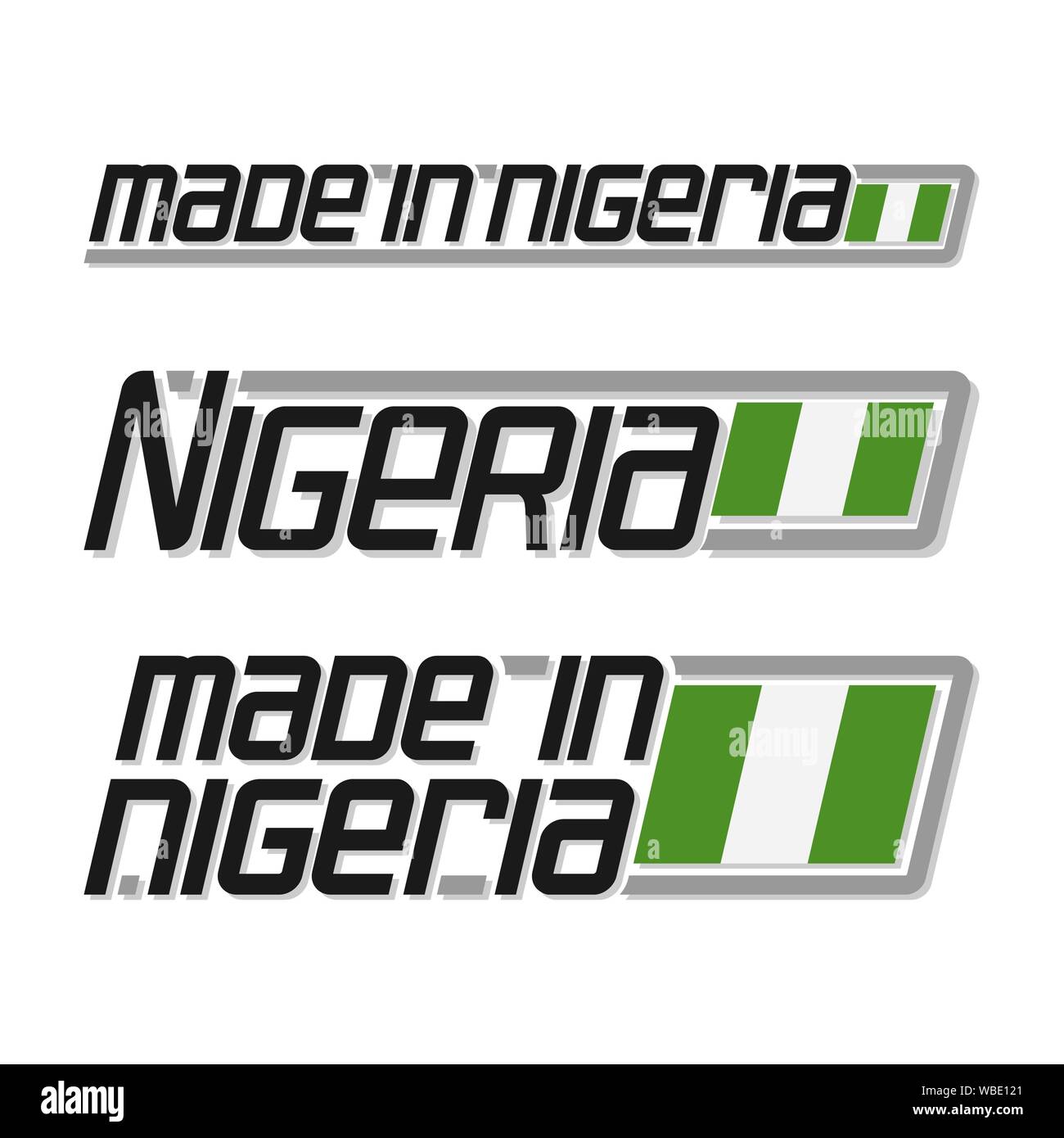 Illustrazione Vettoriale del logo 'made in Nigeria', a tre isolati Nigerian National flag di stato e la Nigeria di testo su sfondo bianco. Illustrazione Vettoriale