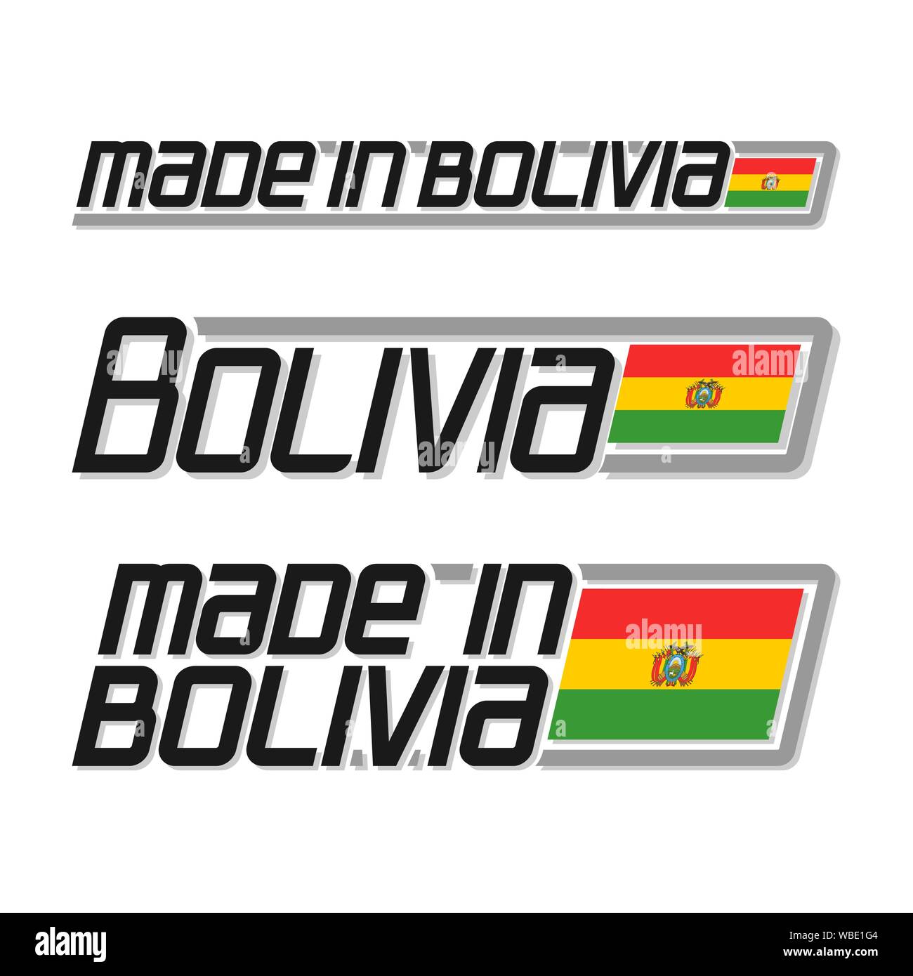 Illustrazione Vettoriale del logo 'made in Bolivia", set di isolato nazionale boliviana flag di stato e la Bolivia testo su sfondo bianco. Illustrazione Vettoriale