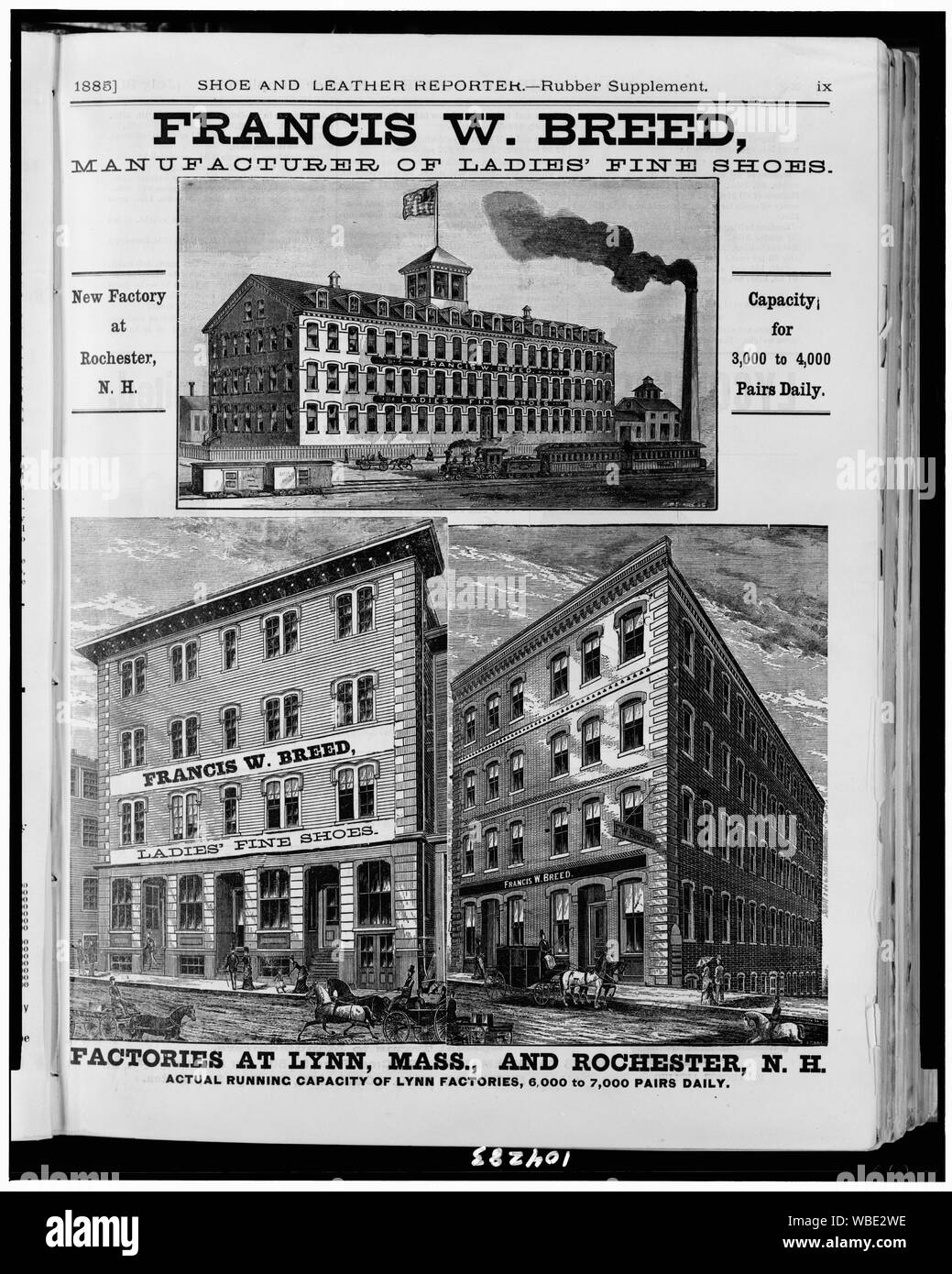Francesco W. razza, fabbricanti di ladies' belle scarpe. Fabbriche di Lynn, Massachusetts e Rochester, N.H., effettiva capacità di esecuzione di Lynn fabbriche 6.000 a 7.000 coppie giornaliero / C.W. Clark, s.c. ; J.R. Howe, del ; J. Howe, sc. Abstract/medio: 3 stampe (1 p.) : incisione. Foto Stock