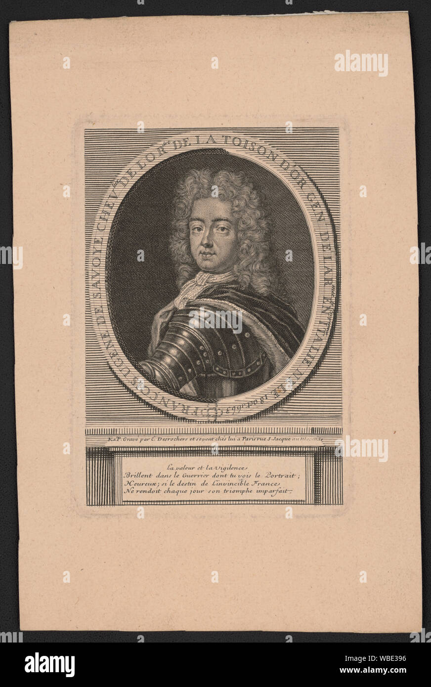 François [e]ugene de savoye chevlier de lordre de la Toison d'or genl de l'Armée de l'Empereur en Italie né 18 ott. 1663 Abstract: stampa mostra il principe Eugenio di Savoia, testa e spalle ritratto, girato a sinistra, rivolto verso la parte anteriore, indossa armatura, in ovale sul piedistallo con quattro linee di versi stampato al di sotto. Foto Stock