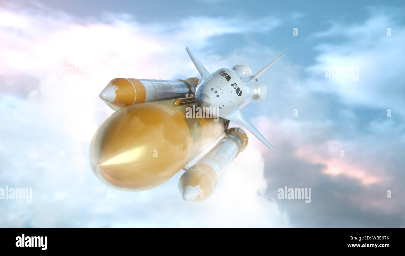 Space Shuttle volare sopra le nuvole. Il rendering 3d. Foto Stock