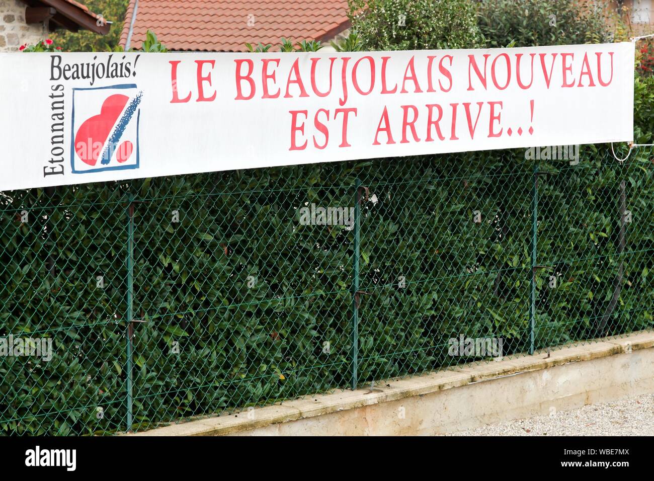 Cercie, Francia - 20 Novembre 2018: Banner con il Beaujolais Nouveau è arrivato in lingua francese Foto Stock