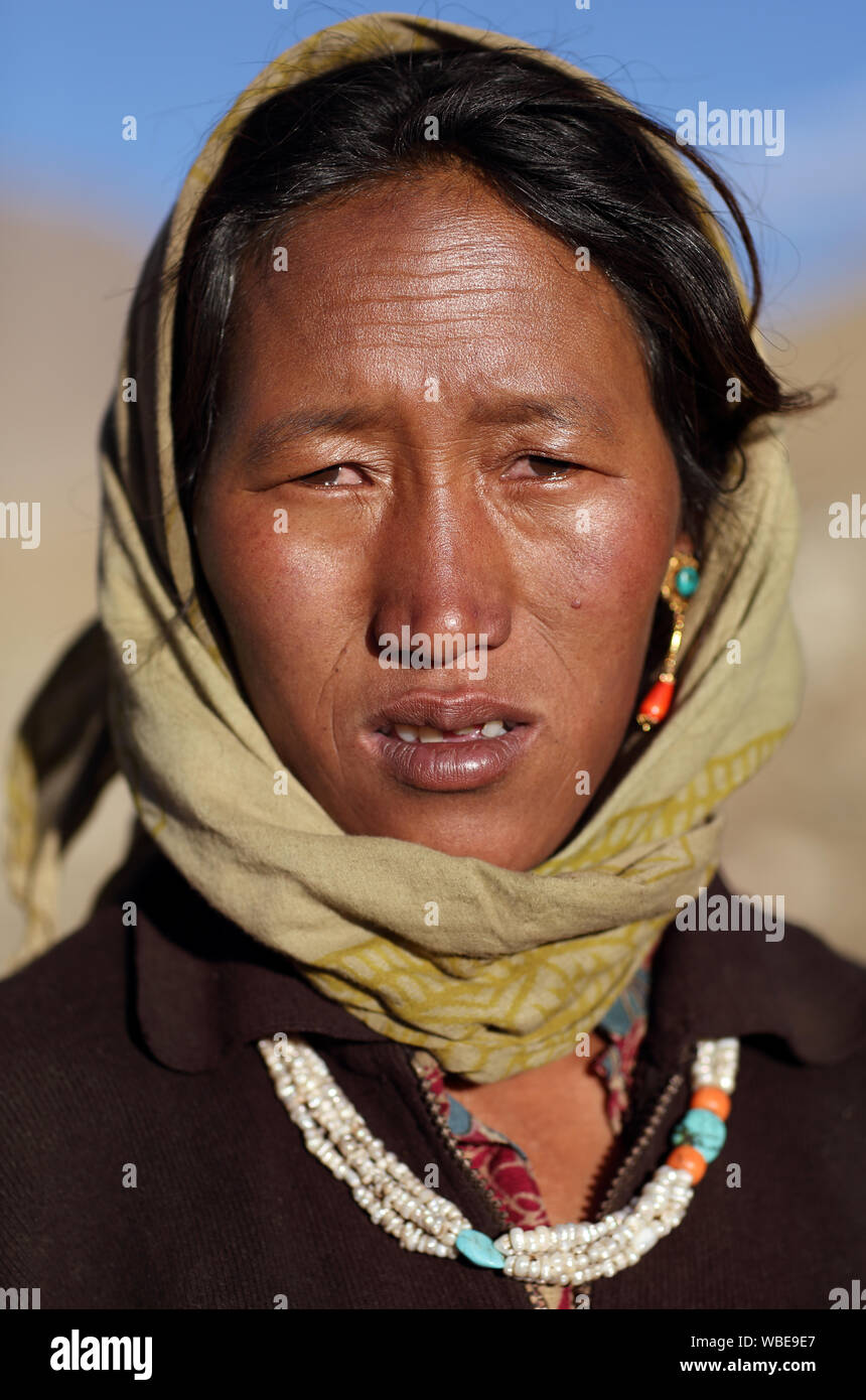 Donna nomade in alta altitudine Changtang plateau dell'Himalaya, Ladakh Foto Stock