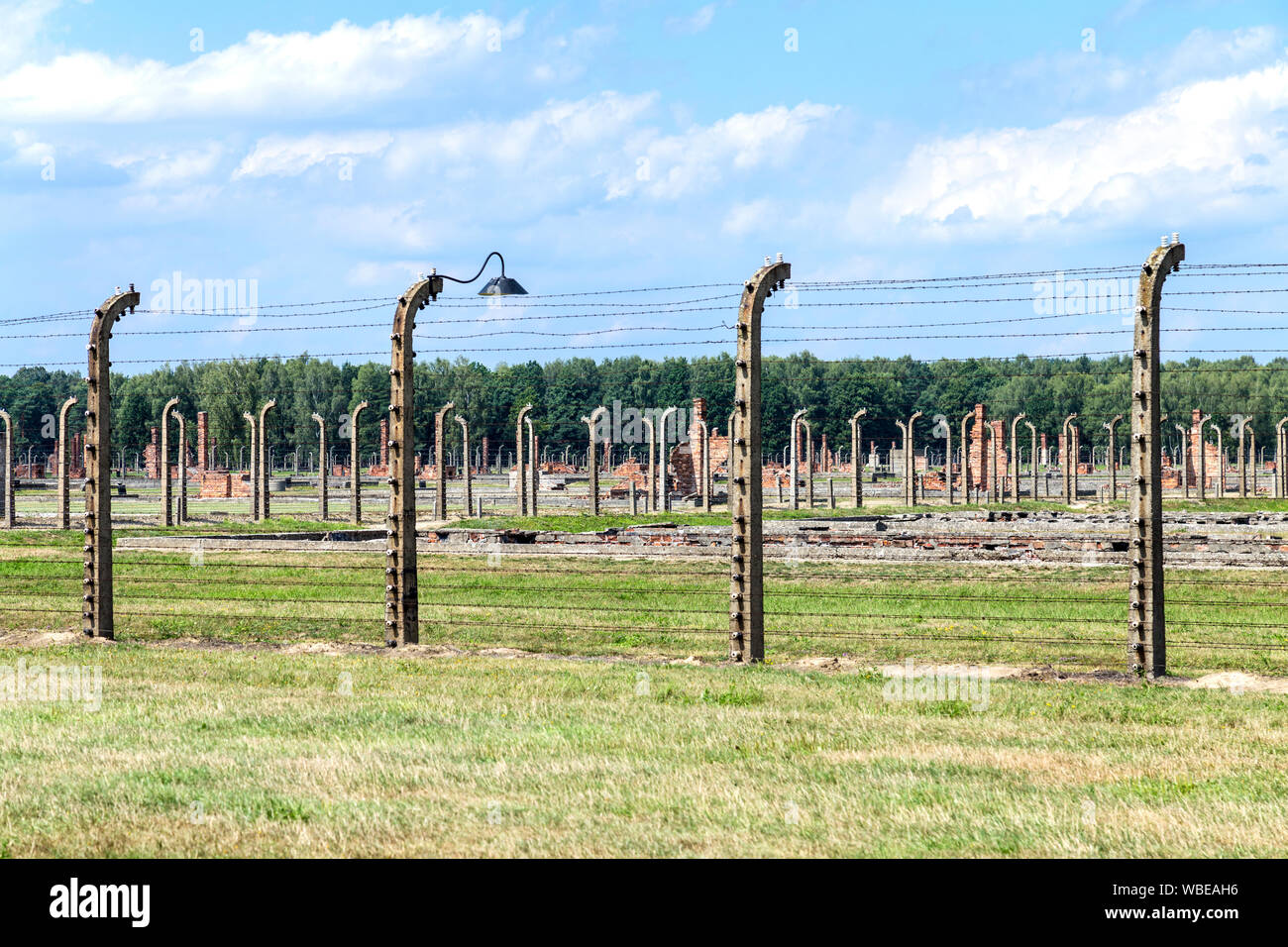 Barbwire recinzioni in campo di concentramento nazista Auschwitz-Birkenau, Polonia Foto Stock