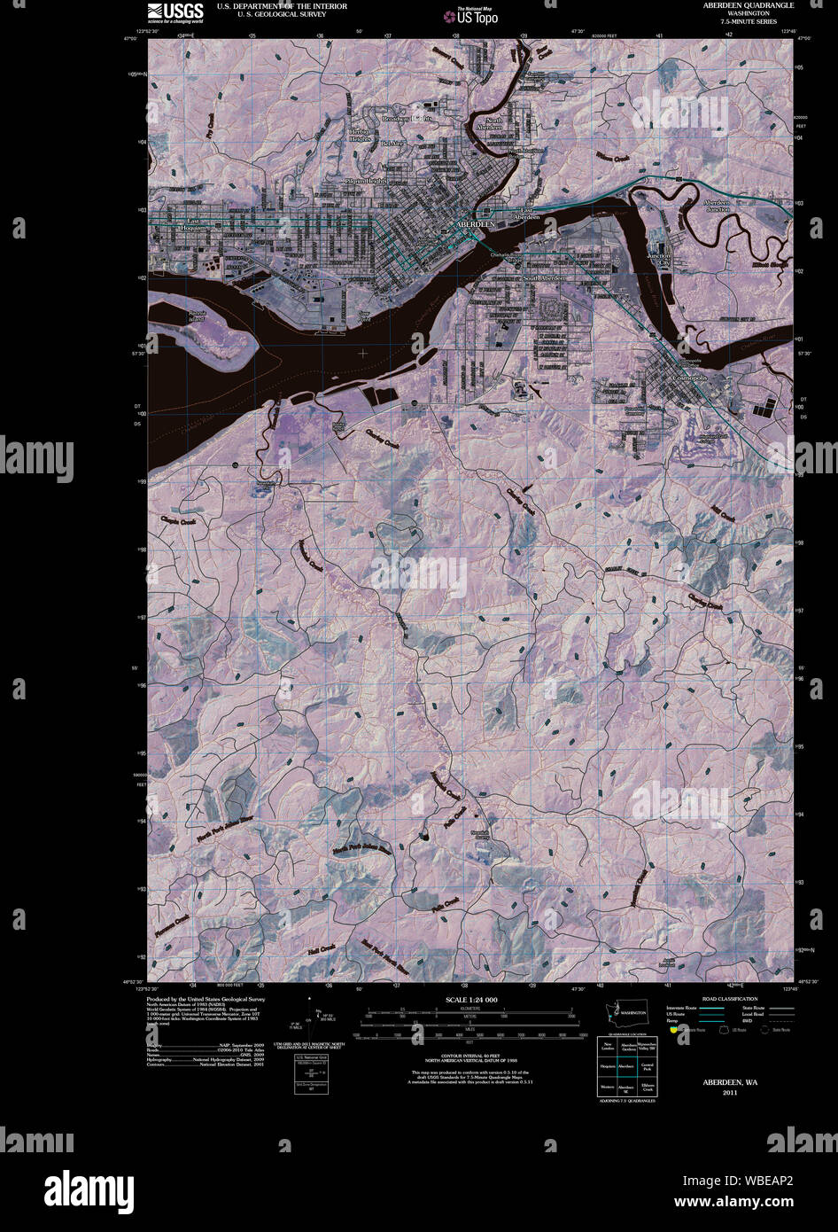 USGS TOPO Map Stato di Washington WA Aberdeen 20110406 TM restauro invertito Foto Stock