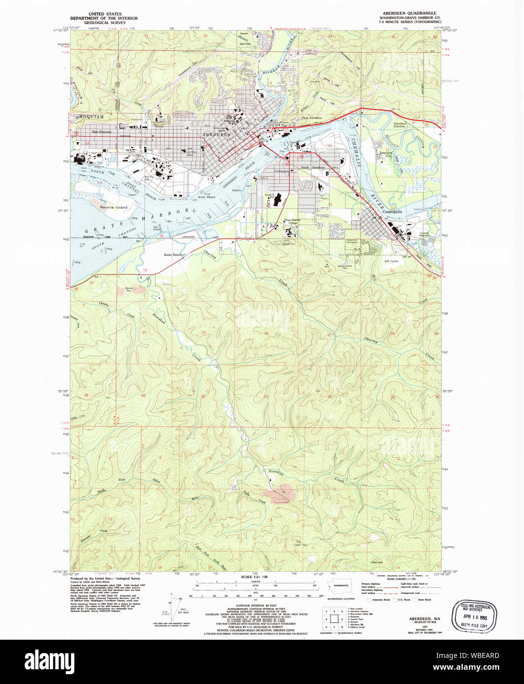 USGS TOPO Map Stato di Washington WA Aberdeen 239725 1957 24000 Restauro Foto Stock