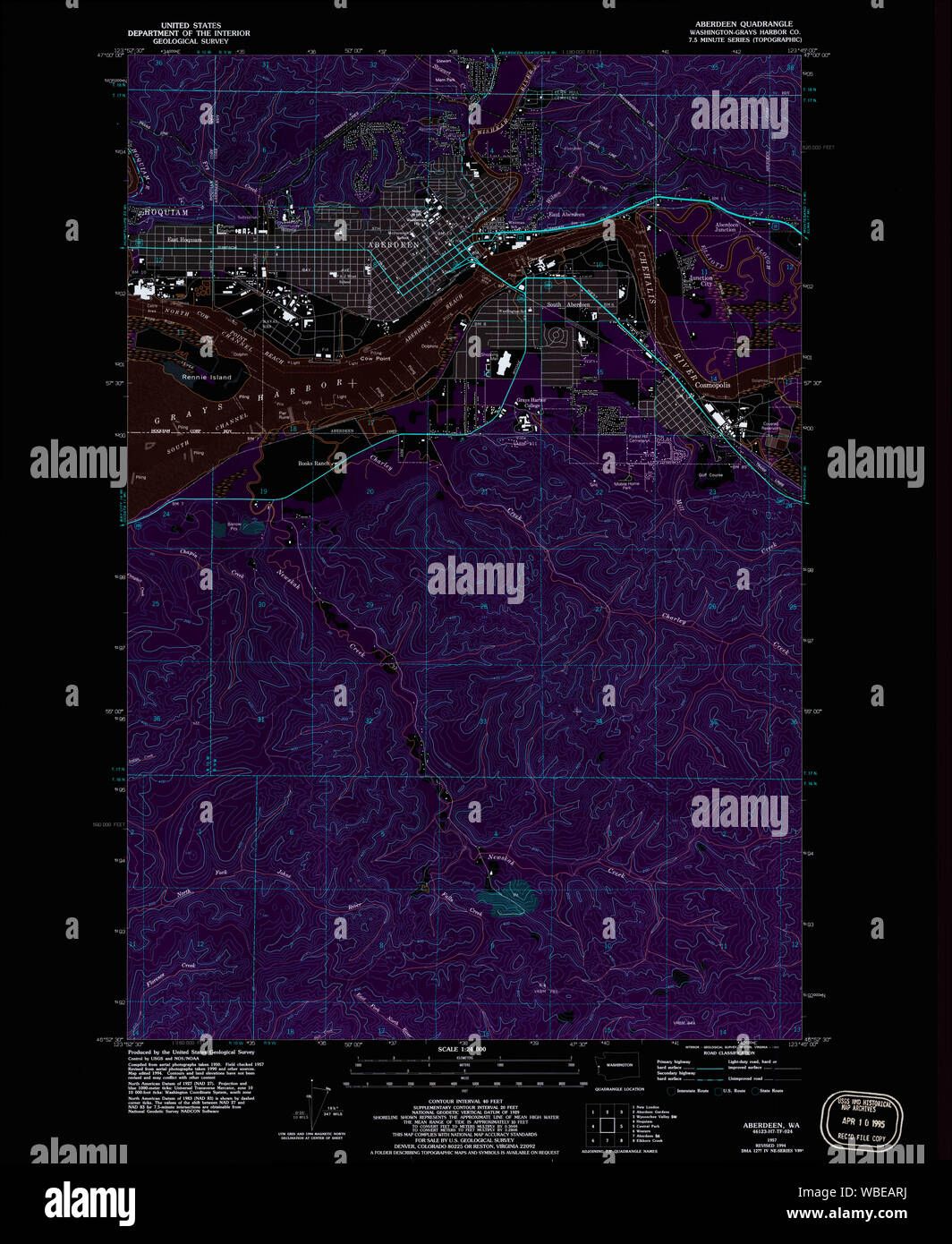 USGS TOPO Map Stato di Washington WA Aberdeen 239725 1957 24000 Restauro invertito Foto Stock