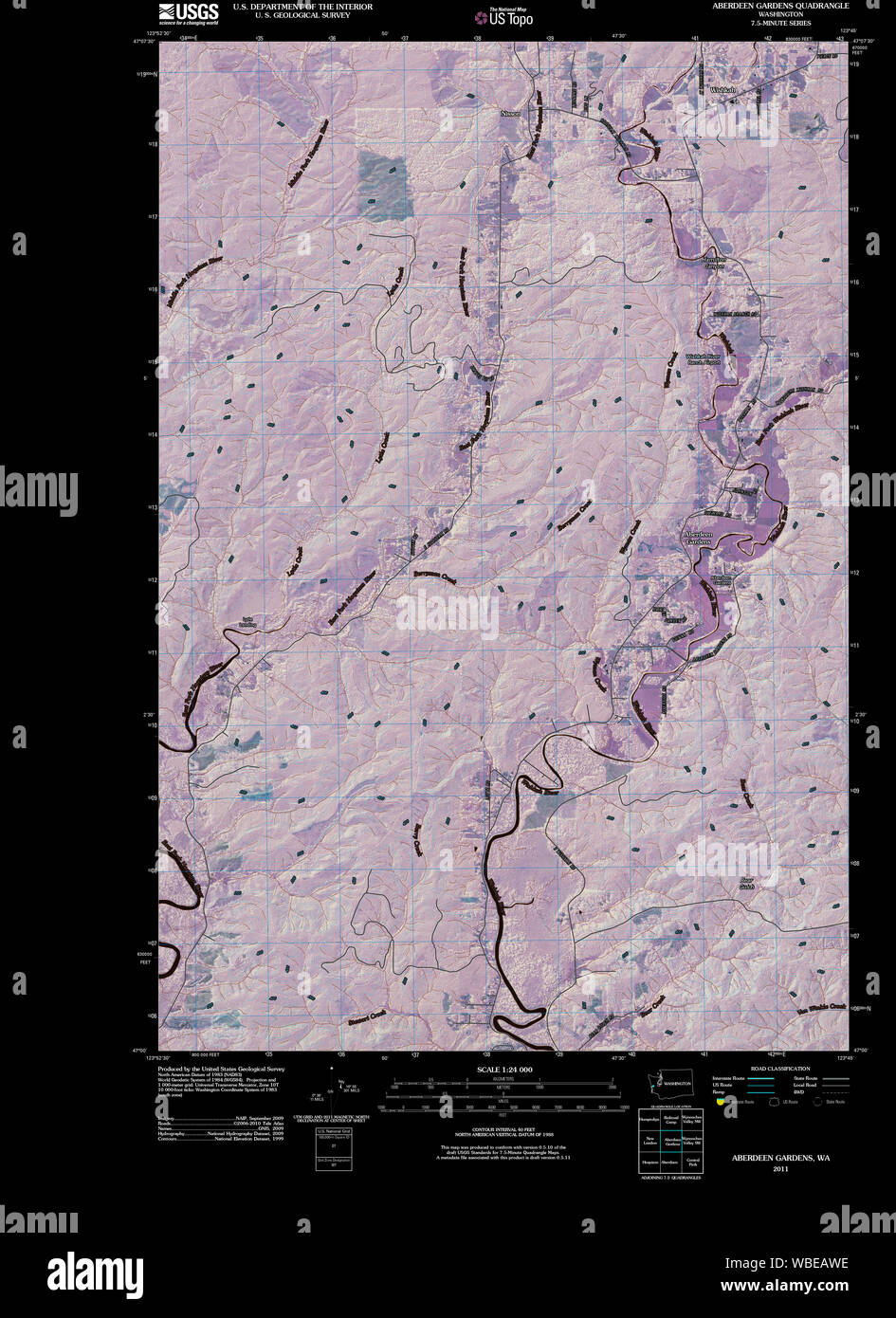 USGS TOPO Map Stato di Washington WA Aberdeen Gardens 20110418 TM restauro invertito Foto Stock