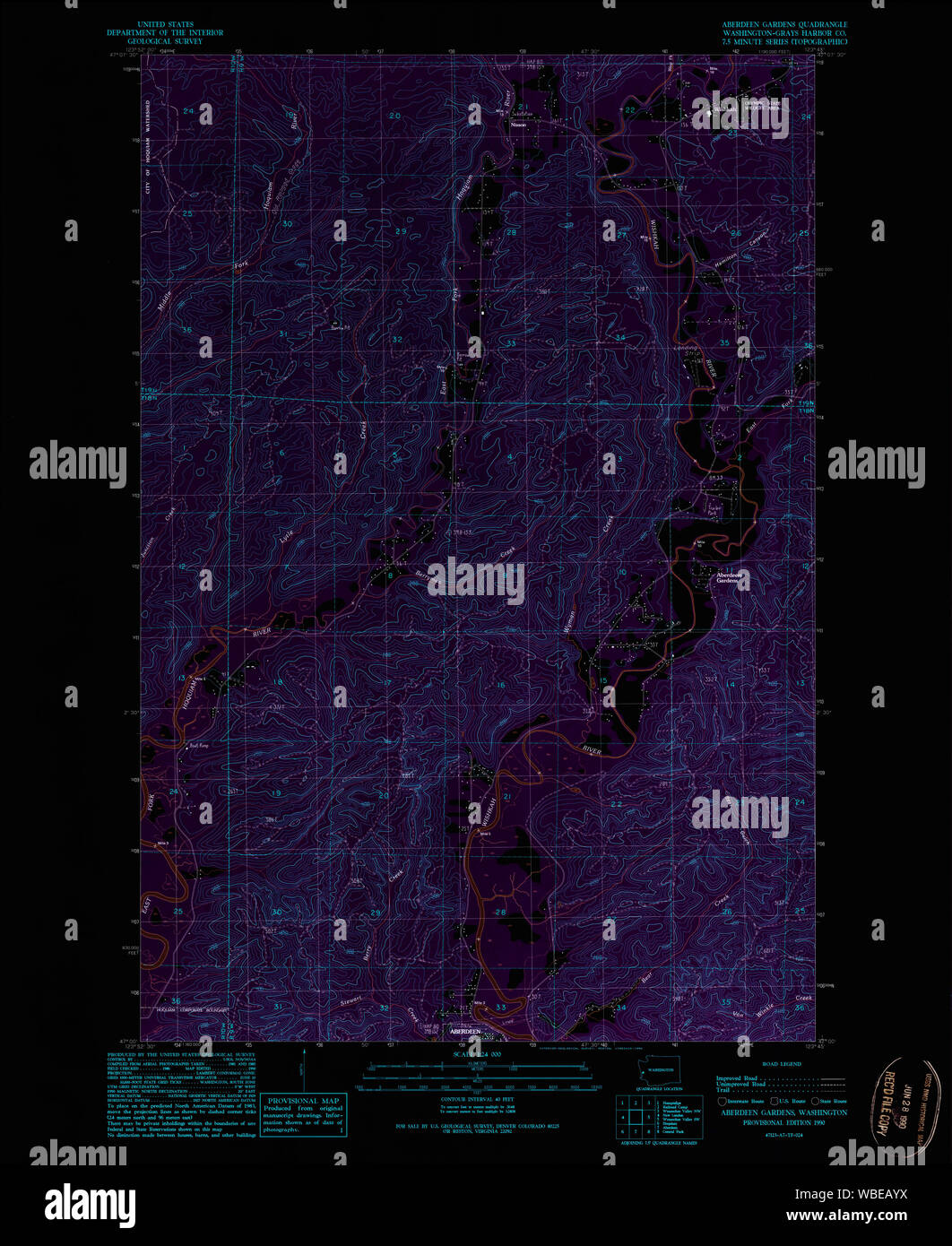 USGS TOPO Map Stato di Washington WA Aberdeen Gardens 239722 1990 24000 Restauro invertito Foto Stock