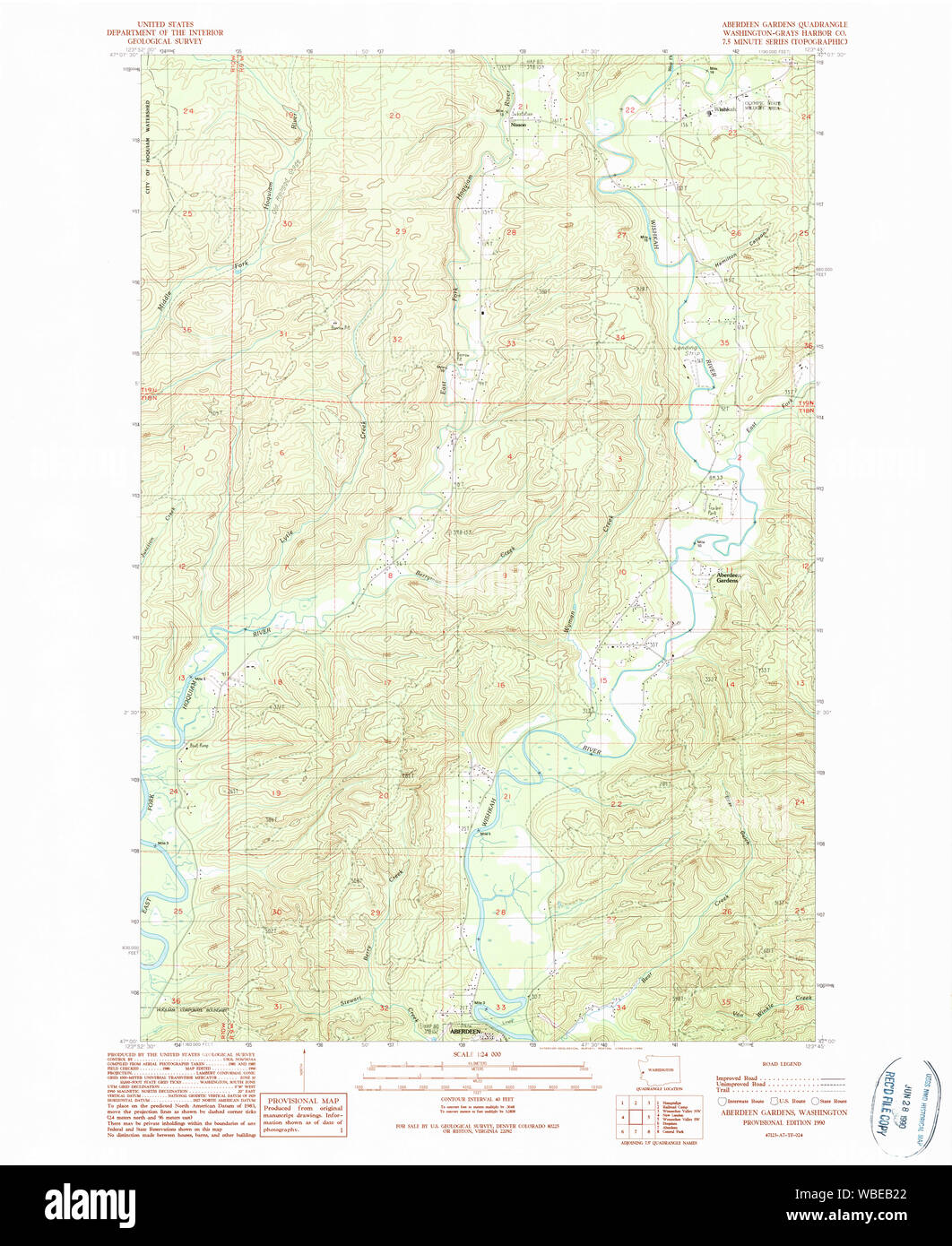 USGS TOPO Map Stato di Washington WA Aberdeen Gardens 239722 1990 24000 Restauro Foto Stock