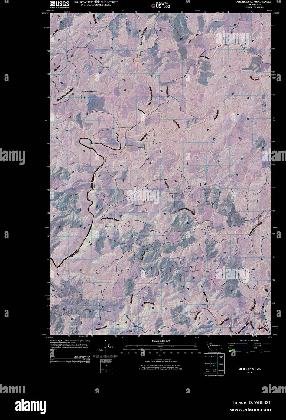 USGS TOPO Map Stato di Washington WA Aberdeen SE 20110502 TM restauro invertito Foto Stock