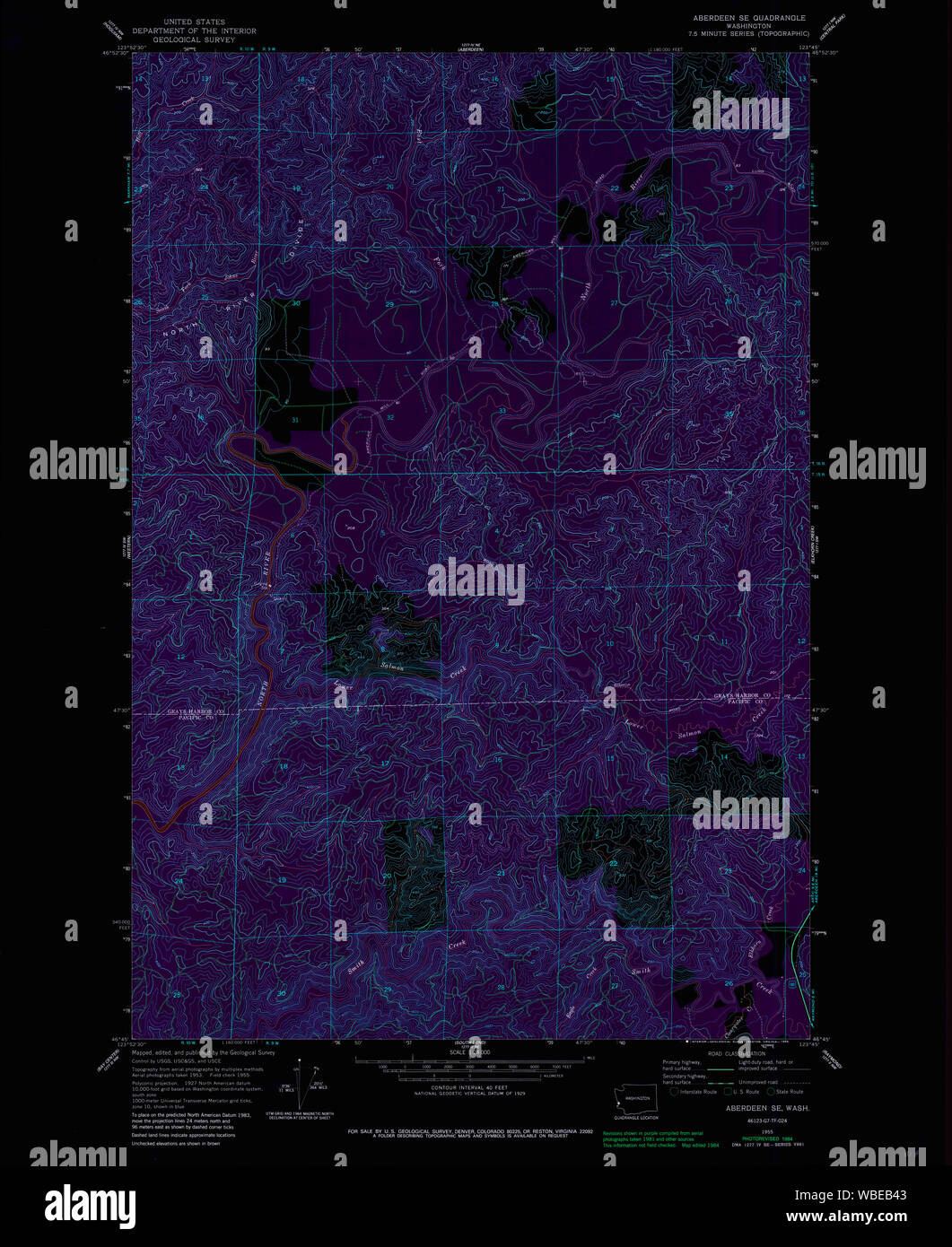 USGS TOPO Map Stato di Washington WA Aberdeen SE 239723 1955 24000 Restauro invertito Foto Stock