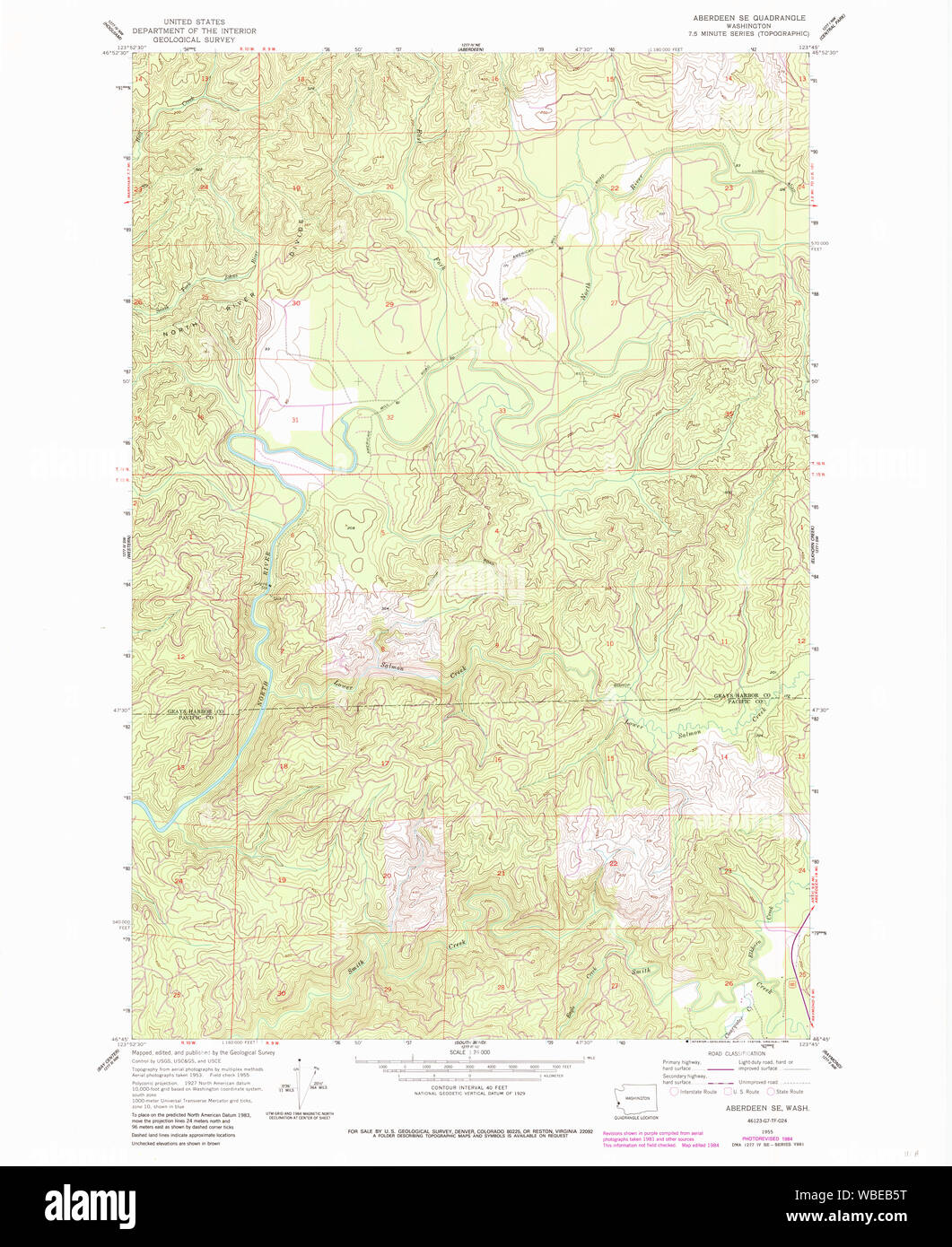 USGS TOPO Map Stato di Washington WA Aberdeen SE 239723 1955 24000 Restauro Foto Stock