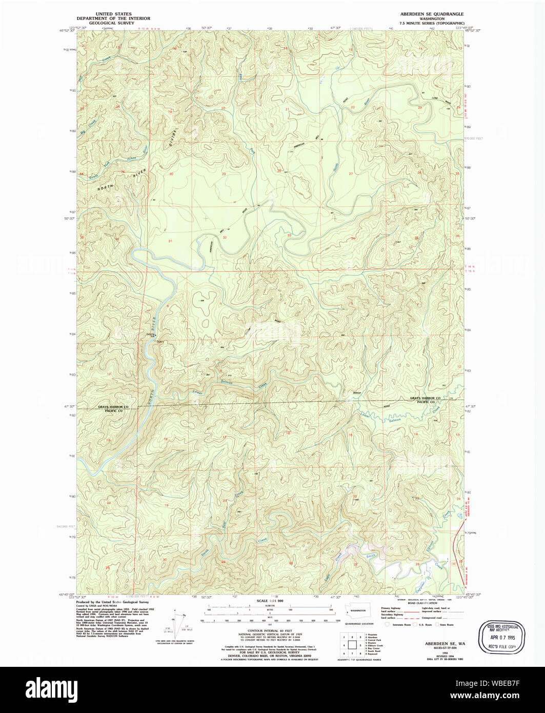USGS TOPO Map Stato di Washington WA Aberdeen SE 239724 1955 24000 Restauro Foto Stock