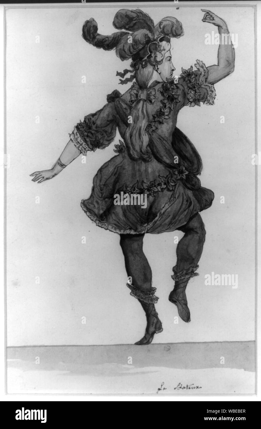 L'attrice francese di intera lunghezza verticale, visto da dietro il lato destro sollevato, saltare o ballare, indossando un copricapo piumati Abstract/medio: 1 disegno : acquerello e inchiostro ; sul foglio 22 x 17,5 cm. Foto Stock