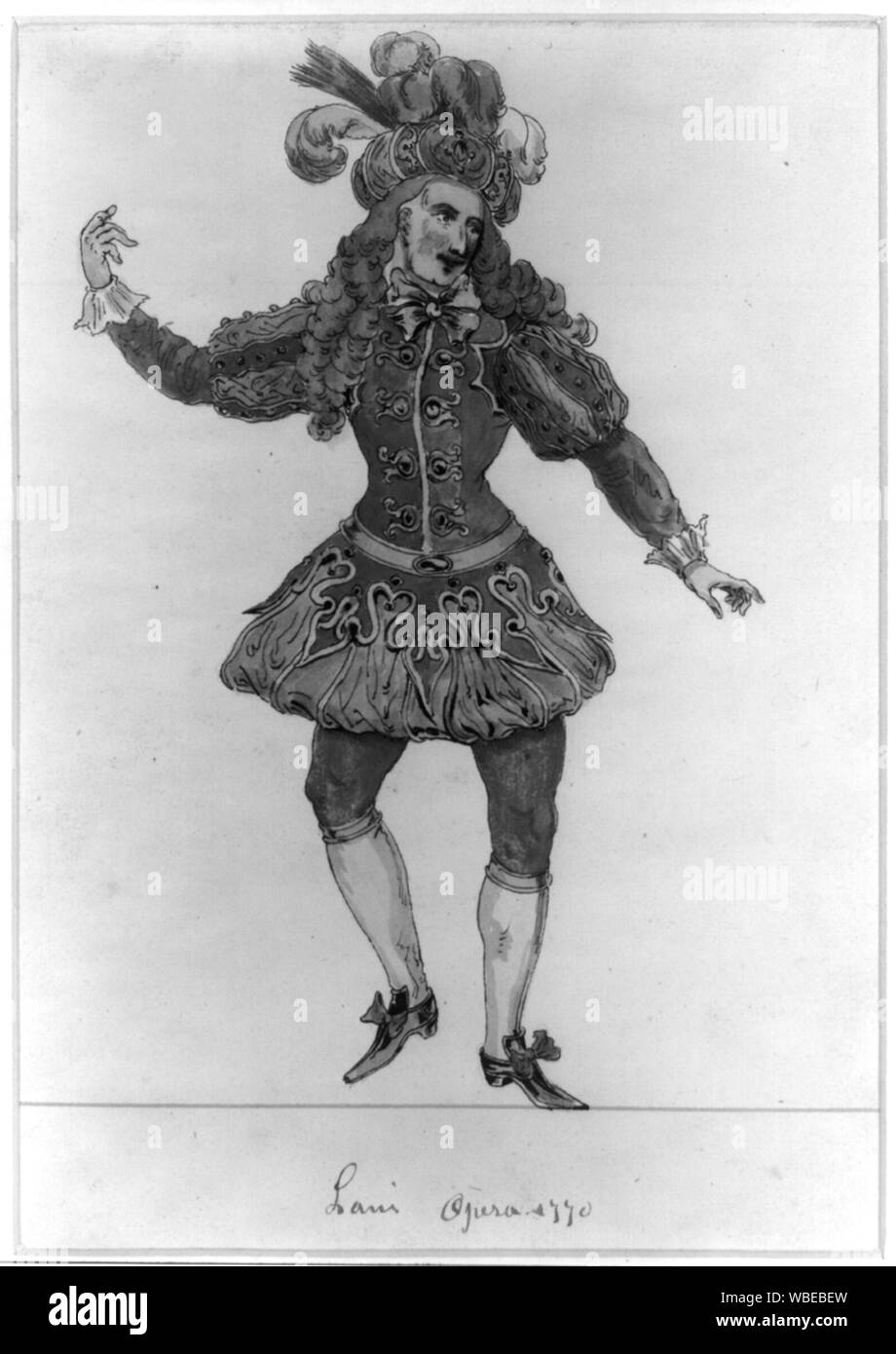 Attore francese di intera lunghezza verticale, rivolto leggermente a destra, lato destro sollevato, saltare o ballare, indossando un turbante piumati-simili copricapo Abstract/medio: 1 disegno : acquerello e inchiostro ; sul foglio 24 x 18 cm. Foto Stock