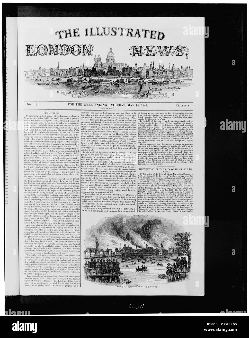 Pagina anteriore del Illustrated London News, illustrato con vista di Londra da waterfront e vista della distruzione della città di Amburgo dal fuoco Abstract/medio: 1 stampa : incisione su legno. Foto Stock