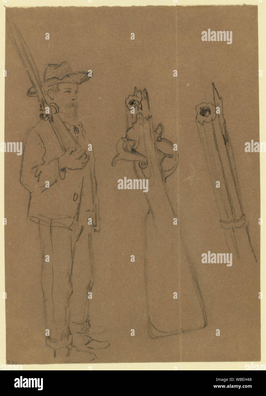 Ritratto a figura intera del soldato con fucile e i dettagli dell'arma Abstract/medio: 1 disegno su carta marrone : matita ; 13,5 x 9,7 cm. (Foglio). Foto Stock