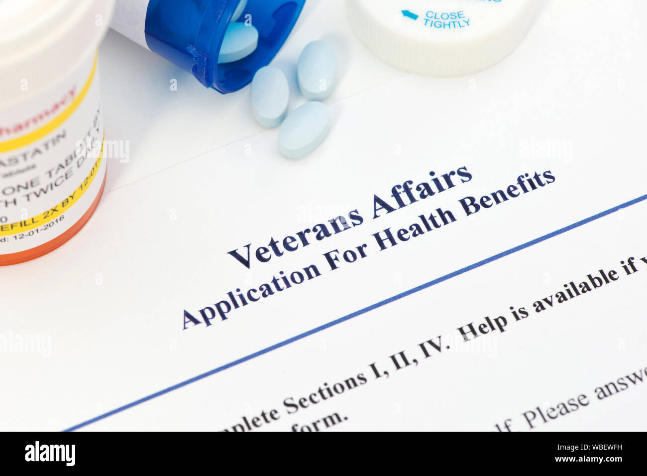 Applicazione per i veterani dei vantaggi. Etichetta e documento creato dal fotografo. Foto Stock