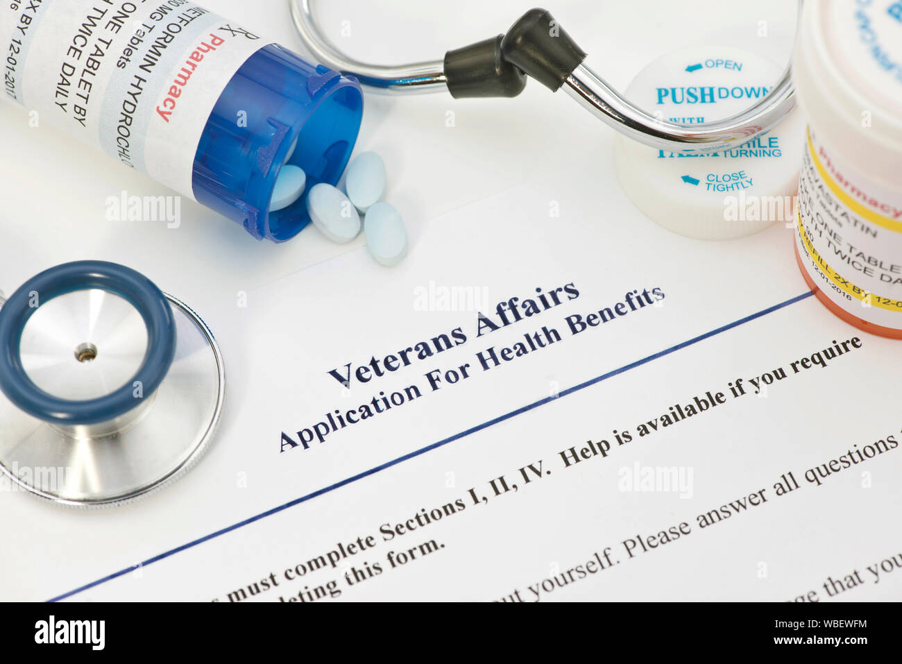 Applicazione per i veterani dei vantaggi. Etichetta e documento creato dal fotografo. Foto Stock