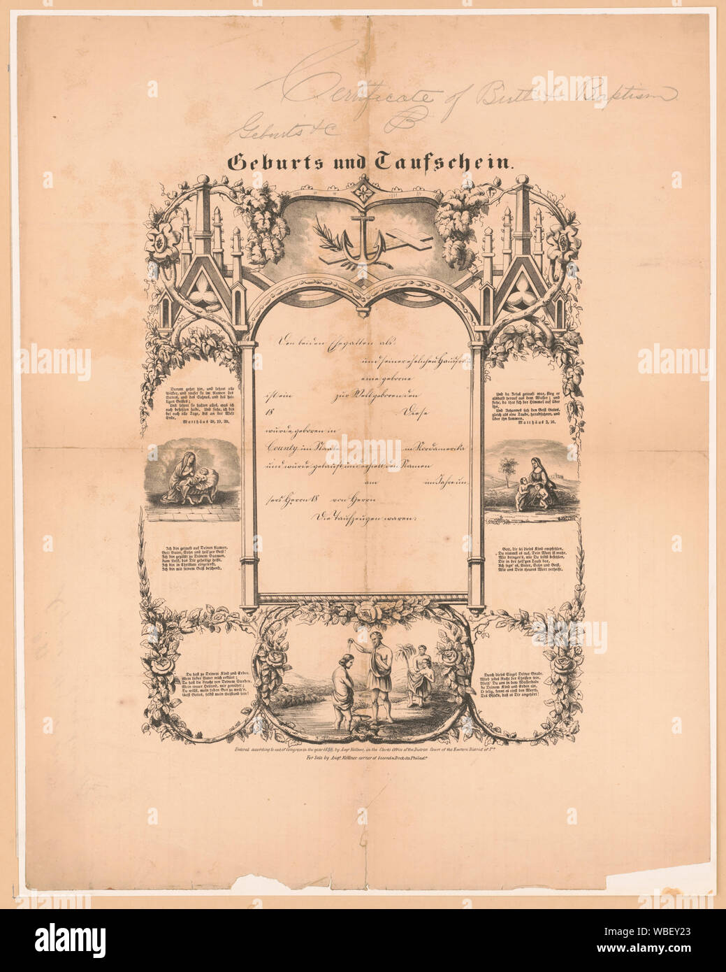 Geburts und Taufschein nascita e battesimo Foto Stock