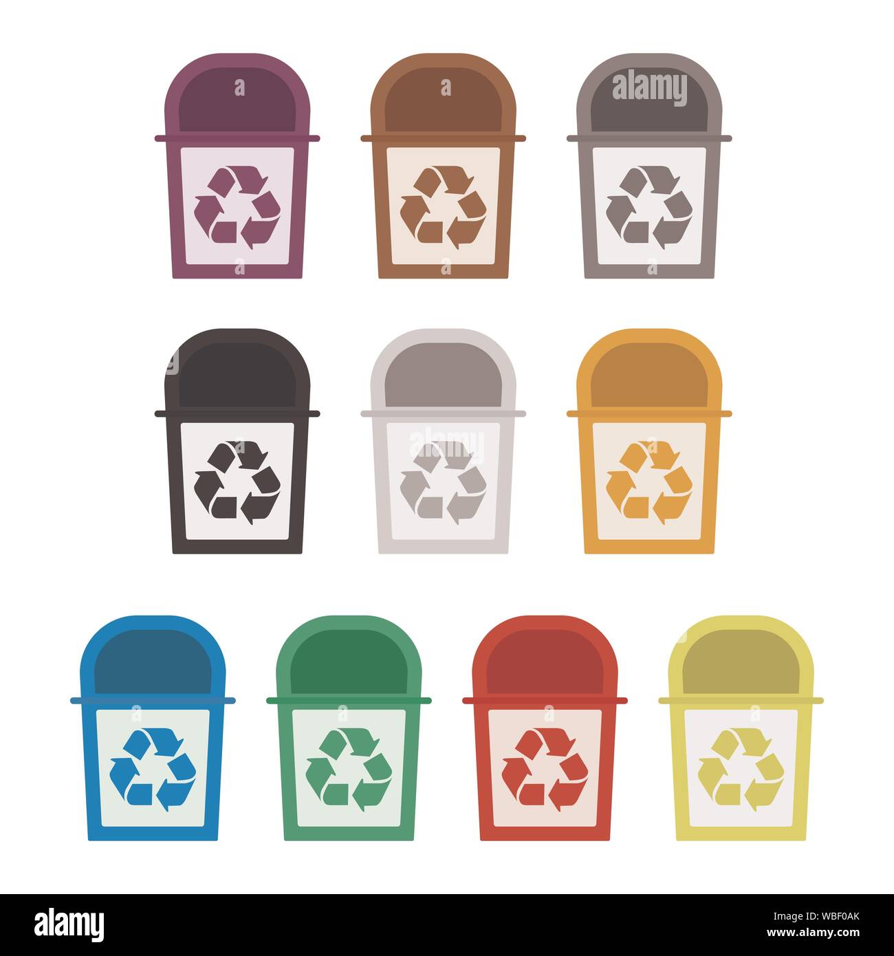 Cestini colorati per la raccolta differenziata di carta, plastica, vetro, metallo, legno, rifiuti sanitari, scorie radioattive e rifiuti organici. Design piatto. Illustrazione Vettoriale